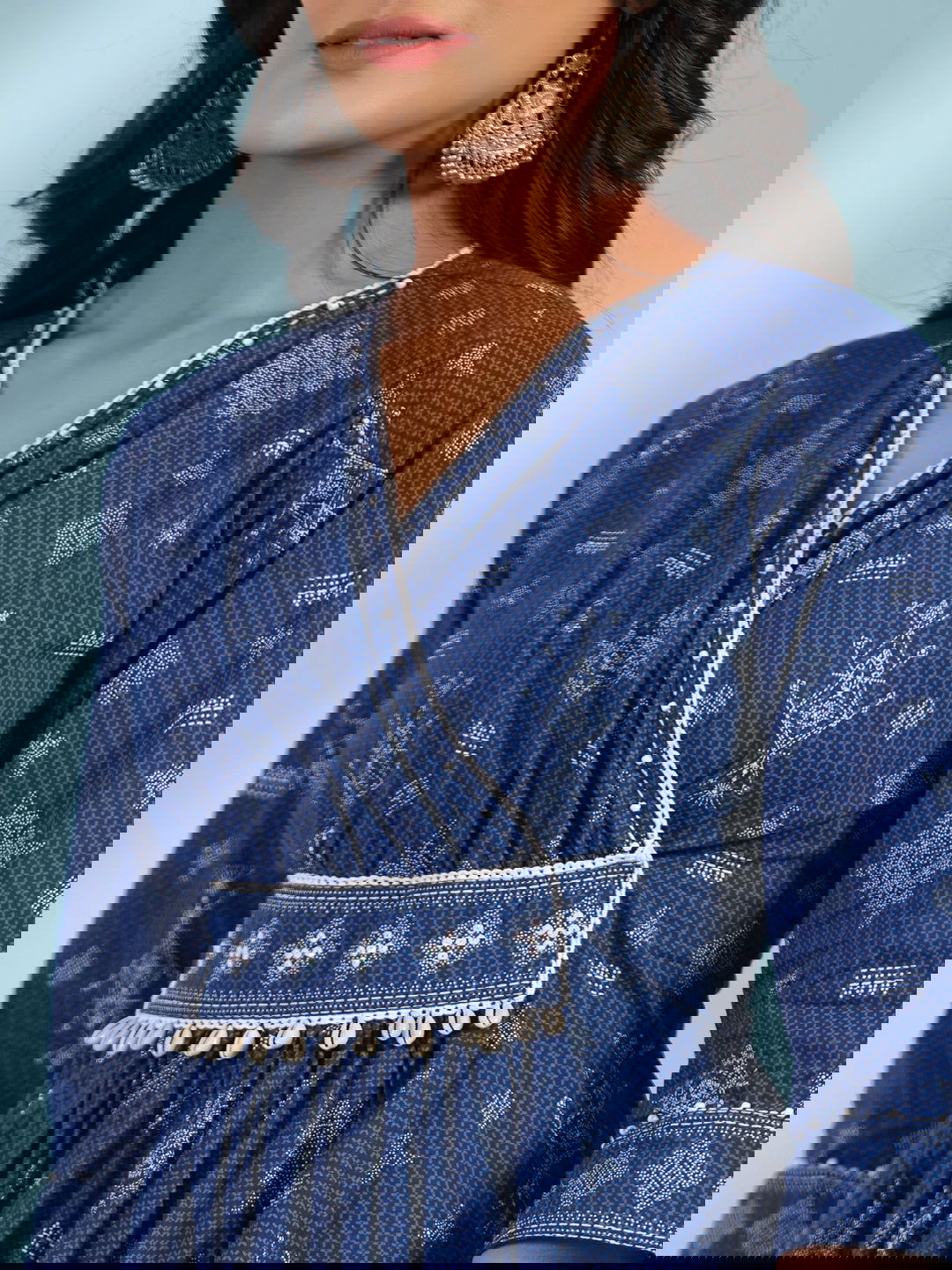 Juniper Blue Geometric Printed Pure Cotton Midi Dress With Lace Work