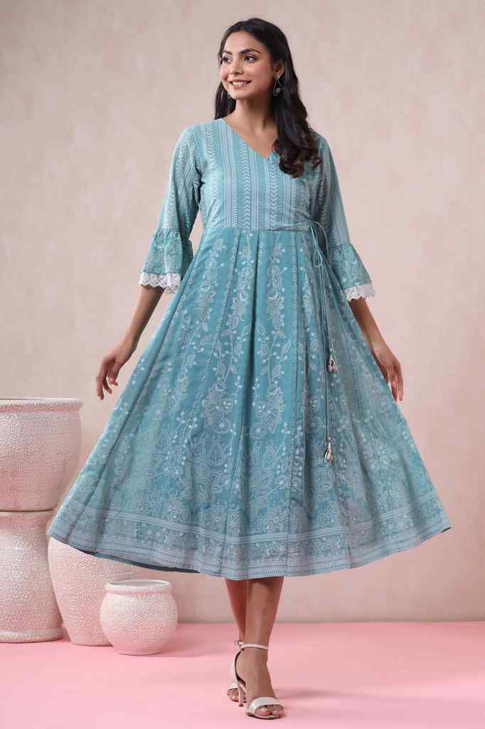 Juniper Blue Georgette Printed Angrakha Dress