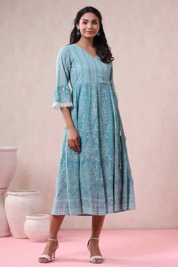 Juniper Blue Georgette Printed Angrakha Dress