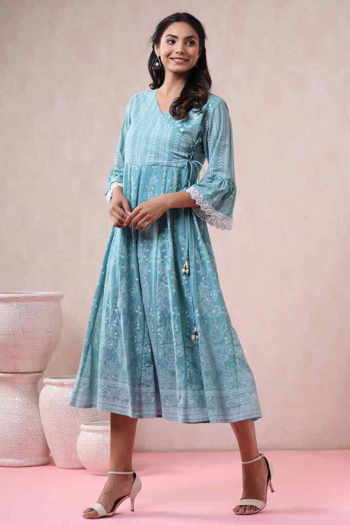 Juniper Blue Georgette Printed Angrakha Dress