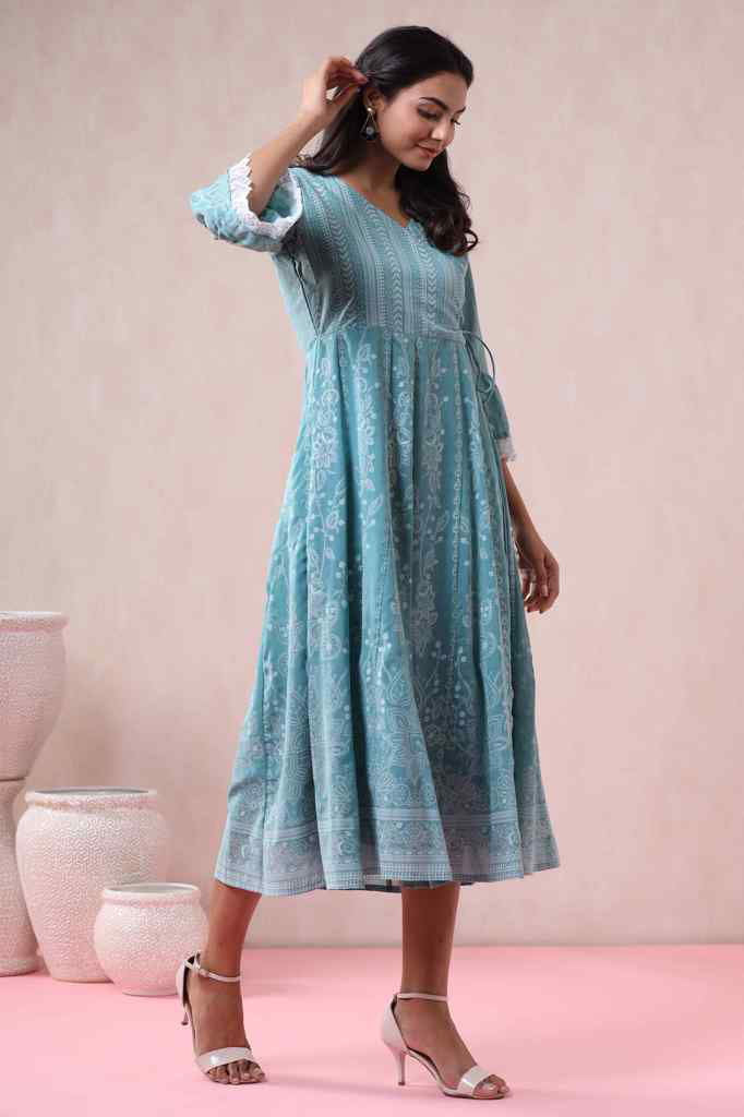 Juniper Blue Georgette Printed Angrakha Dress