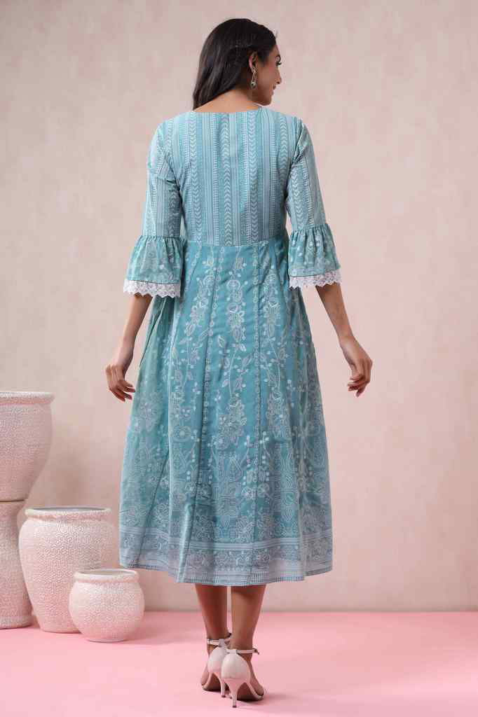 Juniper Blue Georgette Printed Angrakha Dress