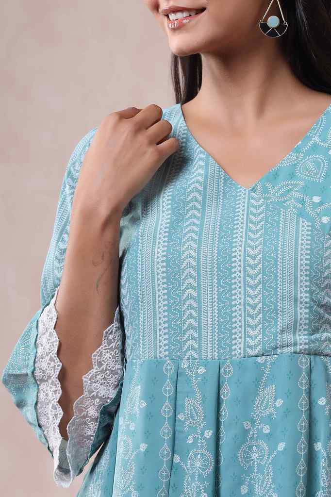 Juniper Blue Georgette Printed Angrakha Dress