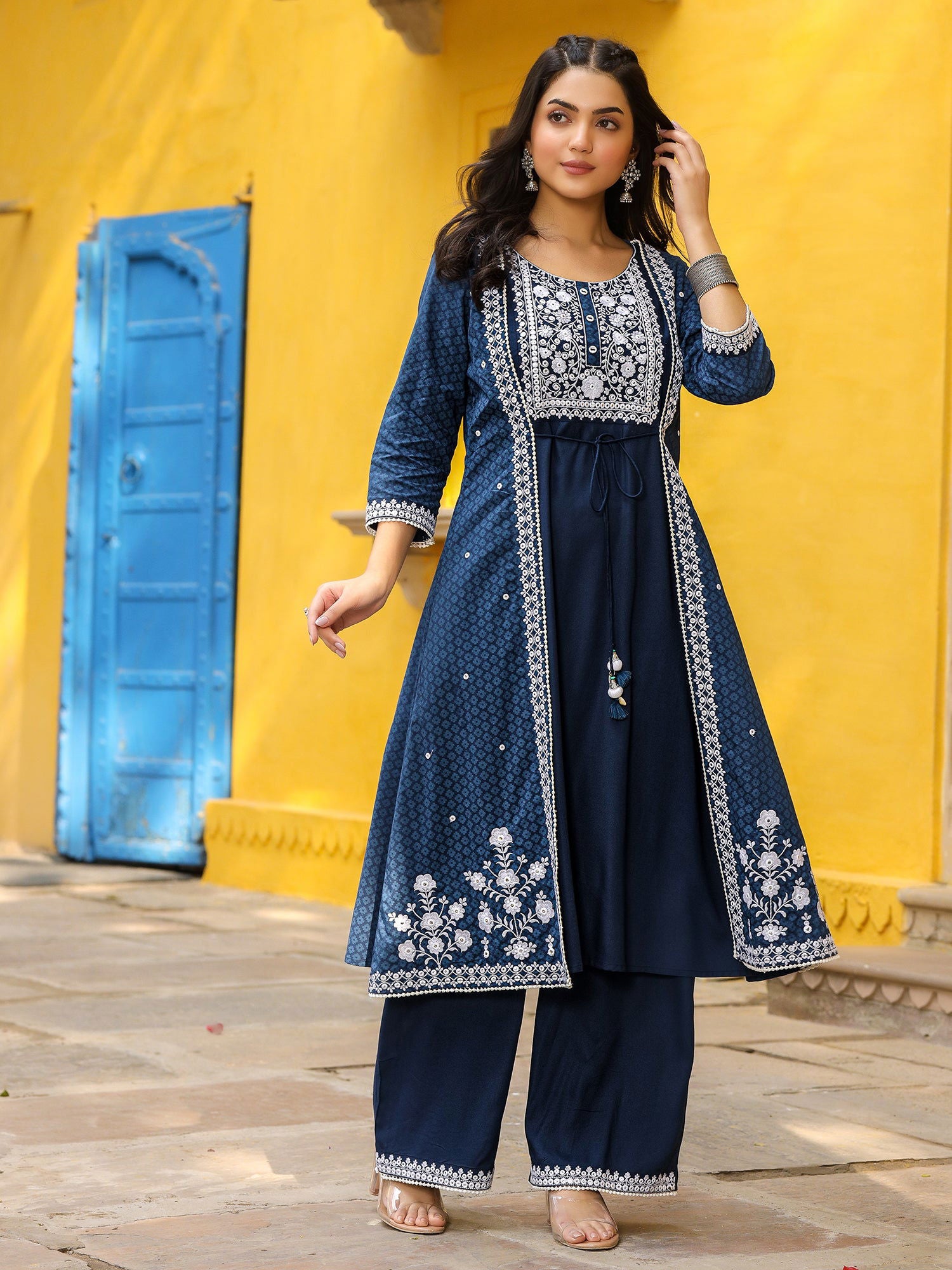 Juniper Blue Pure Cotton Thread Embroidered A-Line Layered Kurta Palazzo Set With Tie-Up At Front (2-Pcs)