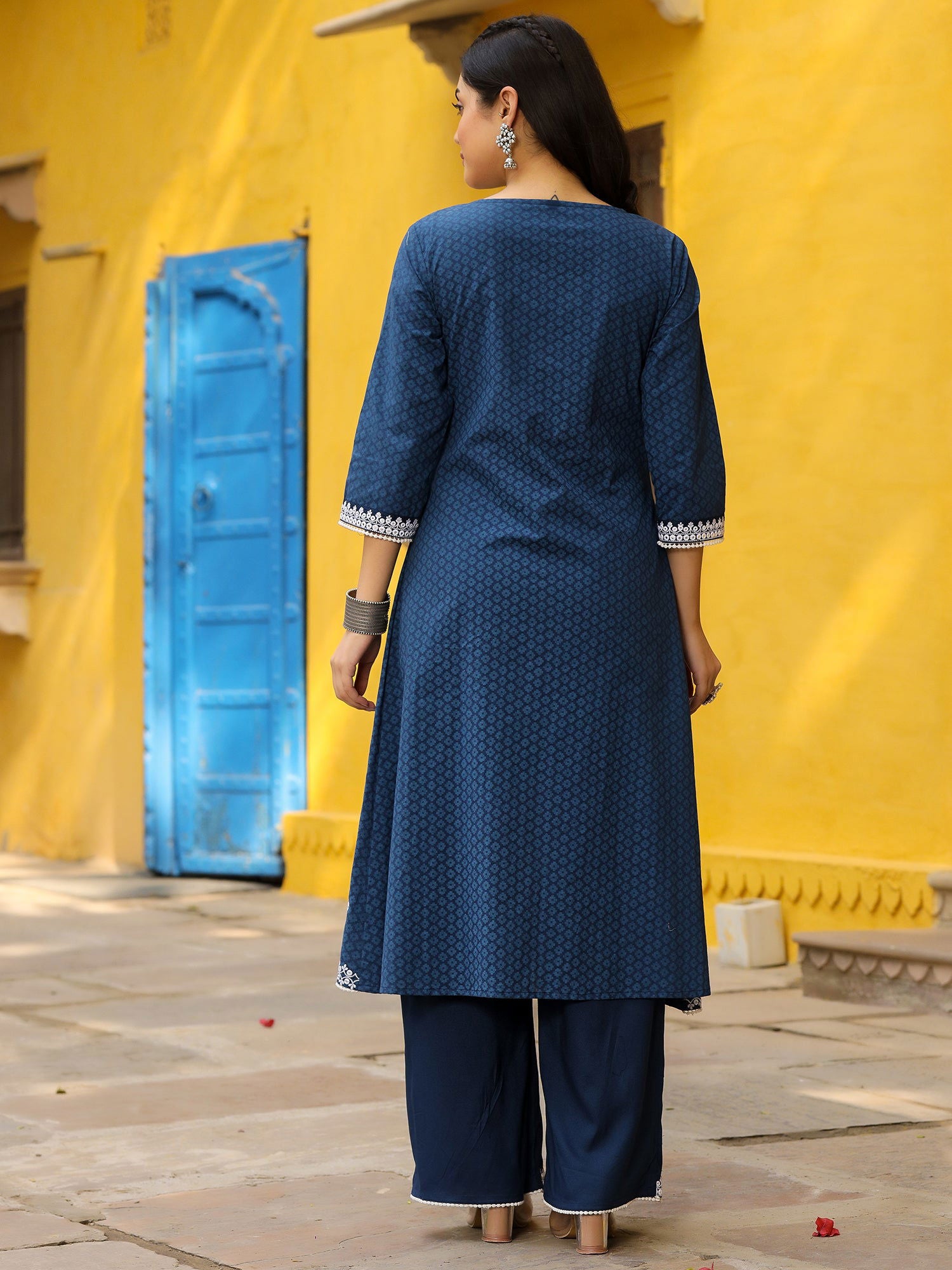Juniper Blue Pure Cotton Thread Embroidered A-Line Layered Kurta Palazzo Set With Tie-Up At Front (2-Pcs)