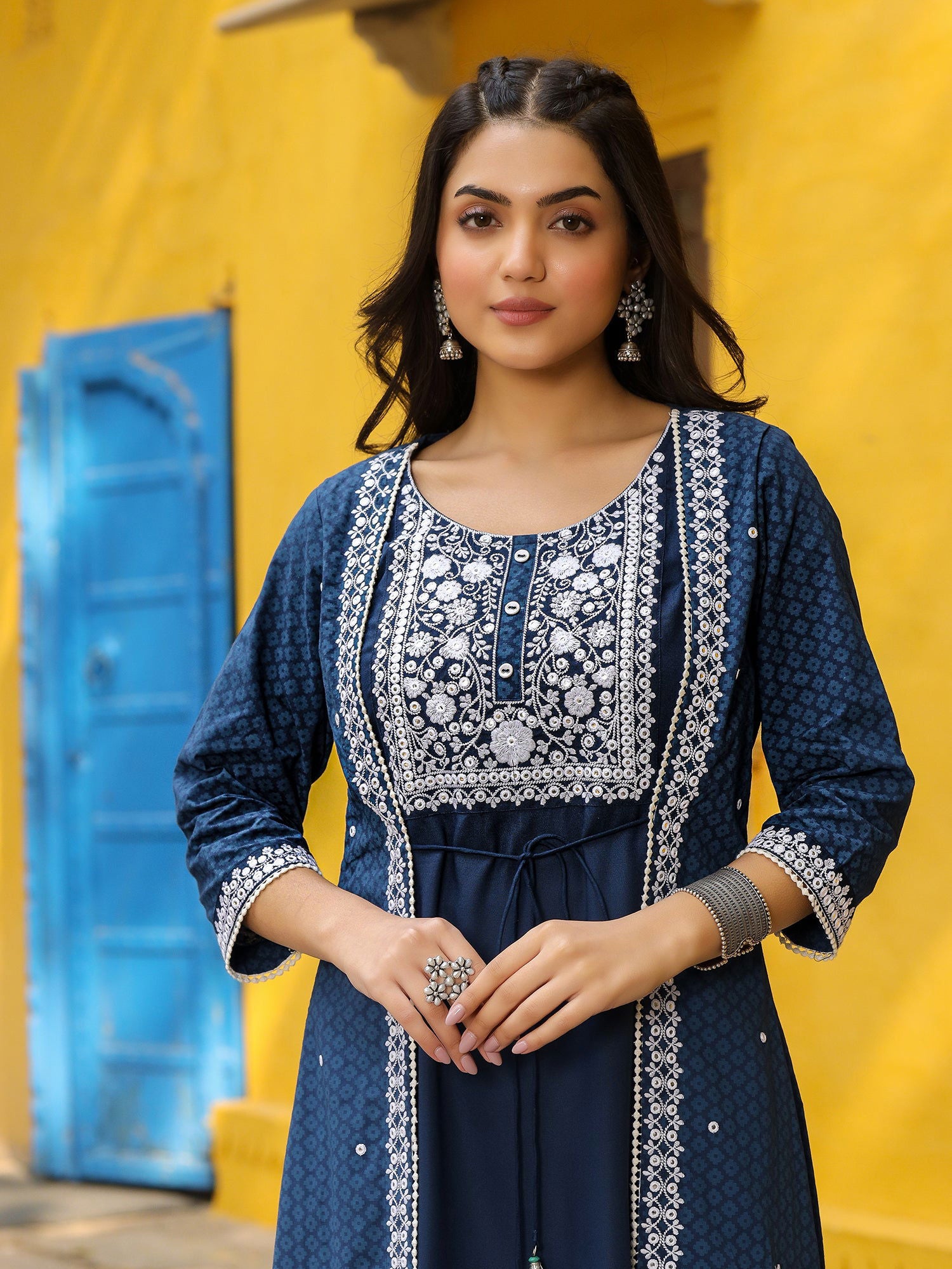 Juniper Blue Pure Cotton Thread Embroidered A-Line Layered Kurta Palazzo Set With Tie-Up At Front (2-Pcs)