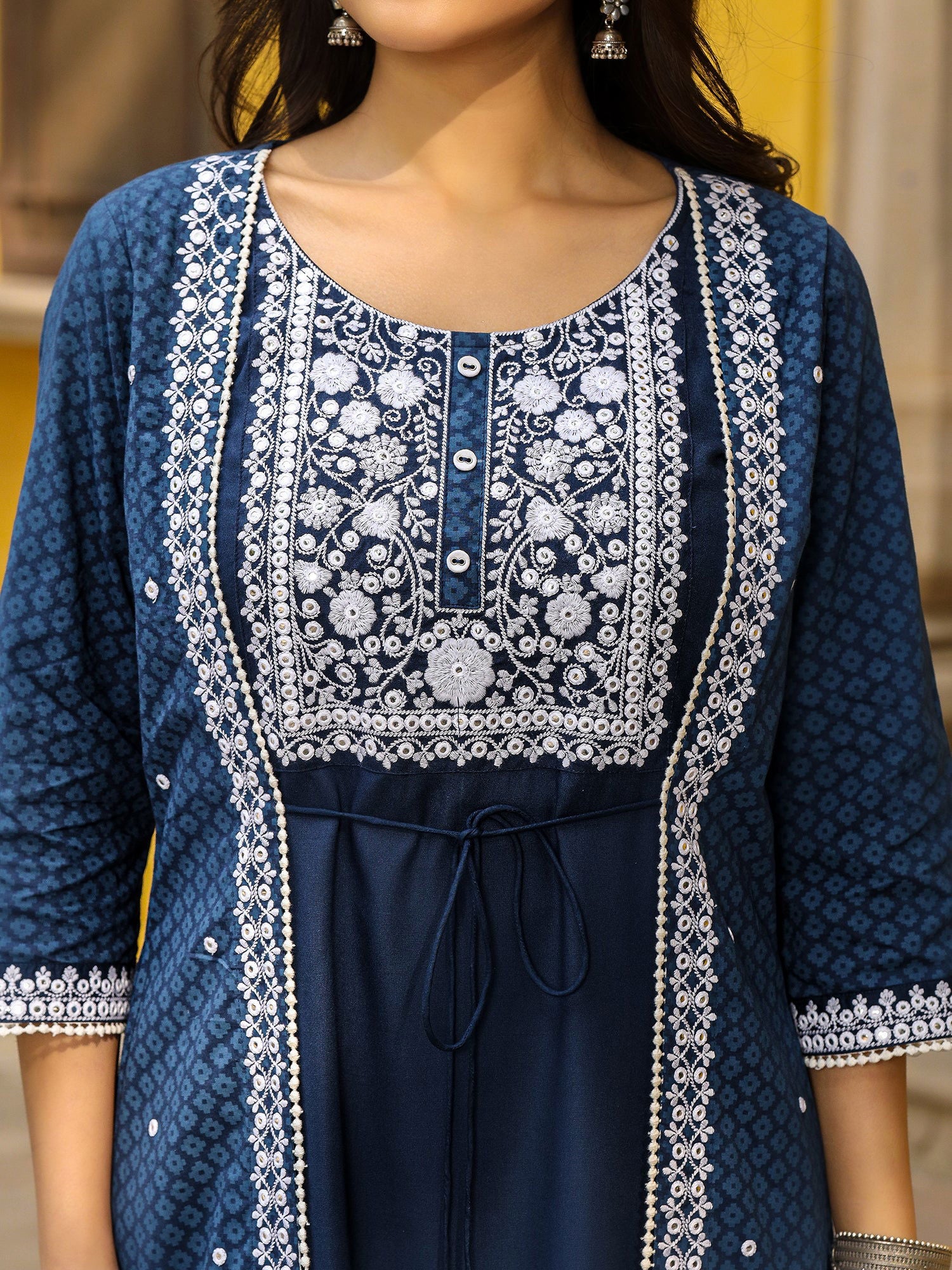Juniper Blue Pure Cotton Thread Embroidered A-Line Layered Kurta Palazzo Set With Tie-Up At Front (2-Pcs)