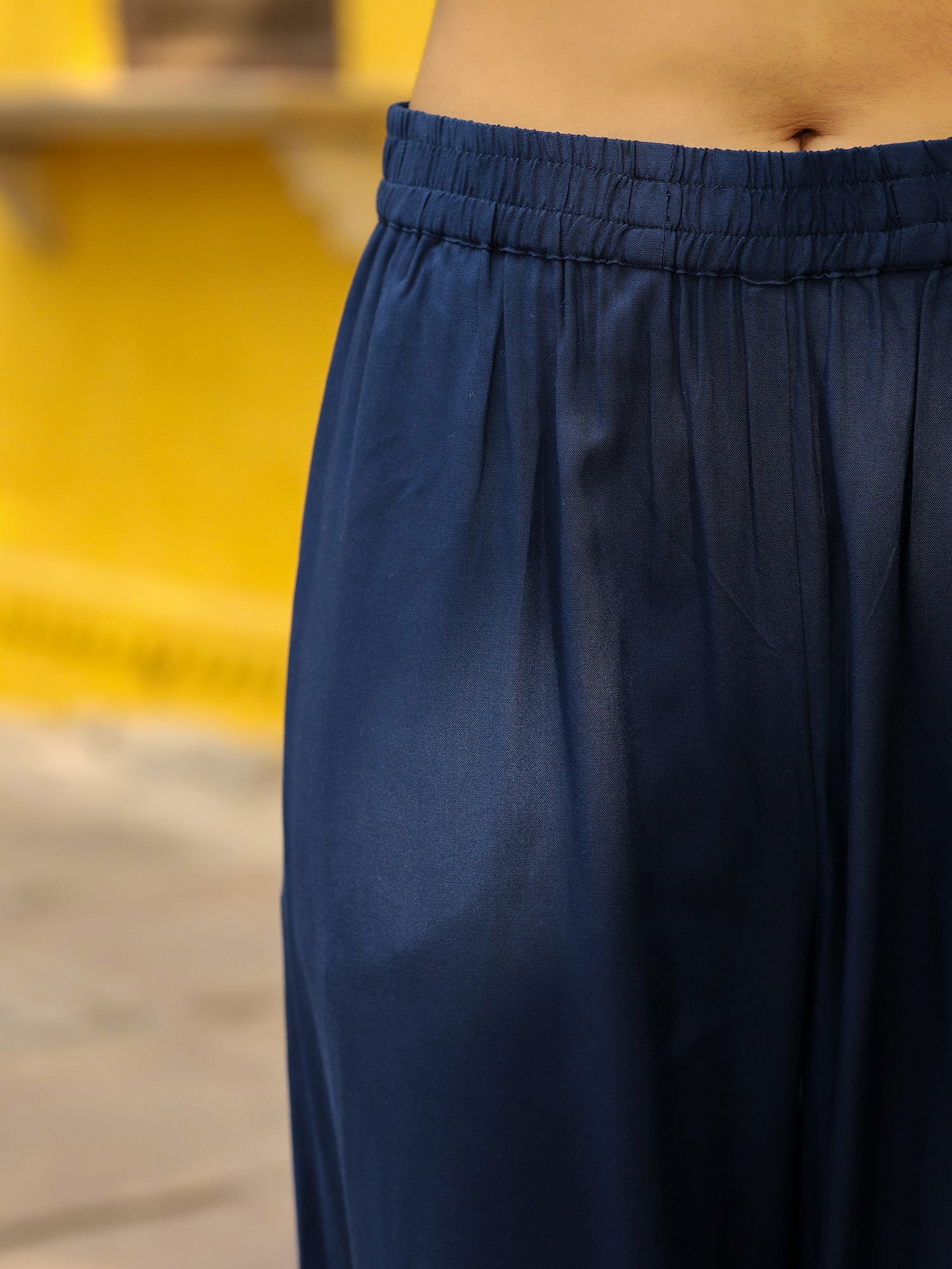 Juniper Blue Pure Cotton Thread Embroidered A-Line Layered Kurta Palazzo Set With Tie-Up At Front (2-Pcs)