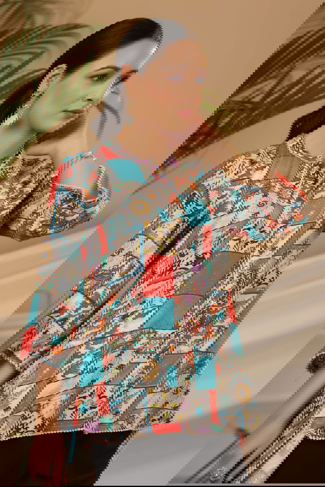 Juniper Blue Rayon Ethnic Motif Printed High-Lacy Mandarin Collar Women Tunic