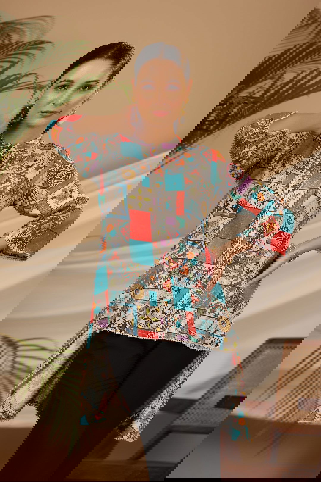 Juniper Blue Rayon Ethnic Motif Printed High-Lacy Mandarin Collar Women Tunic