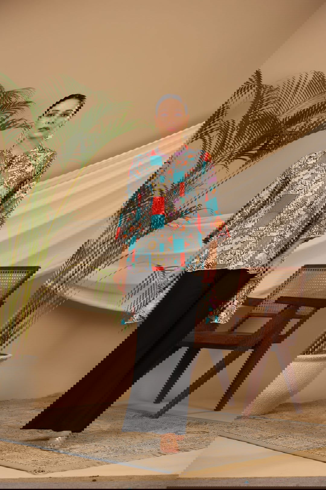 Juniper Blue Rayon Ethnic Motif Printed High-Lacy Mandarin Collar Women Tunic