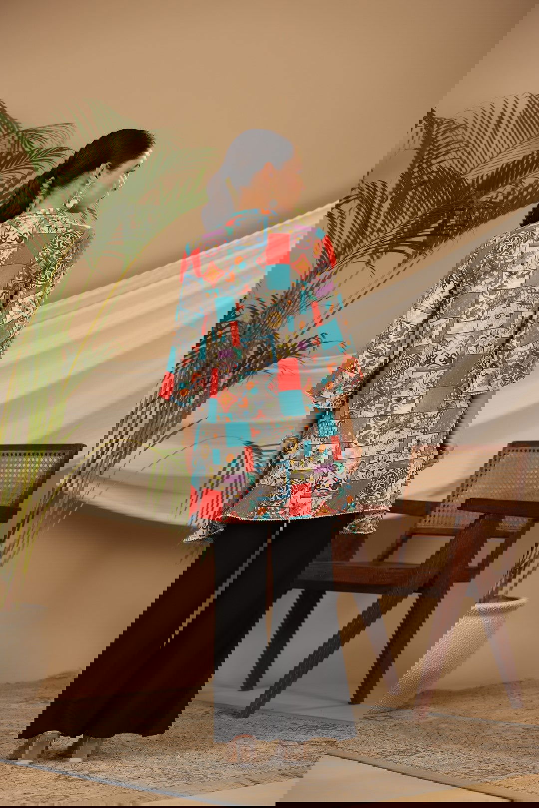 Juniper Blue Rayon Ethnic Motif Printed High-Lacy Mandarin Collar Women Tunic