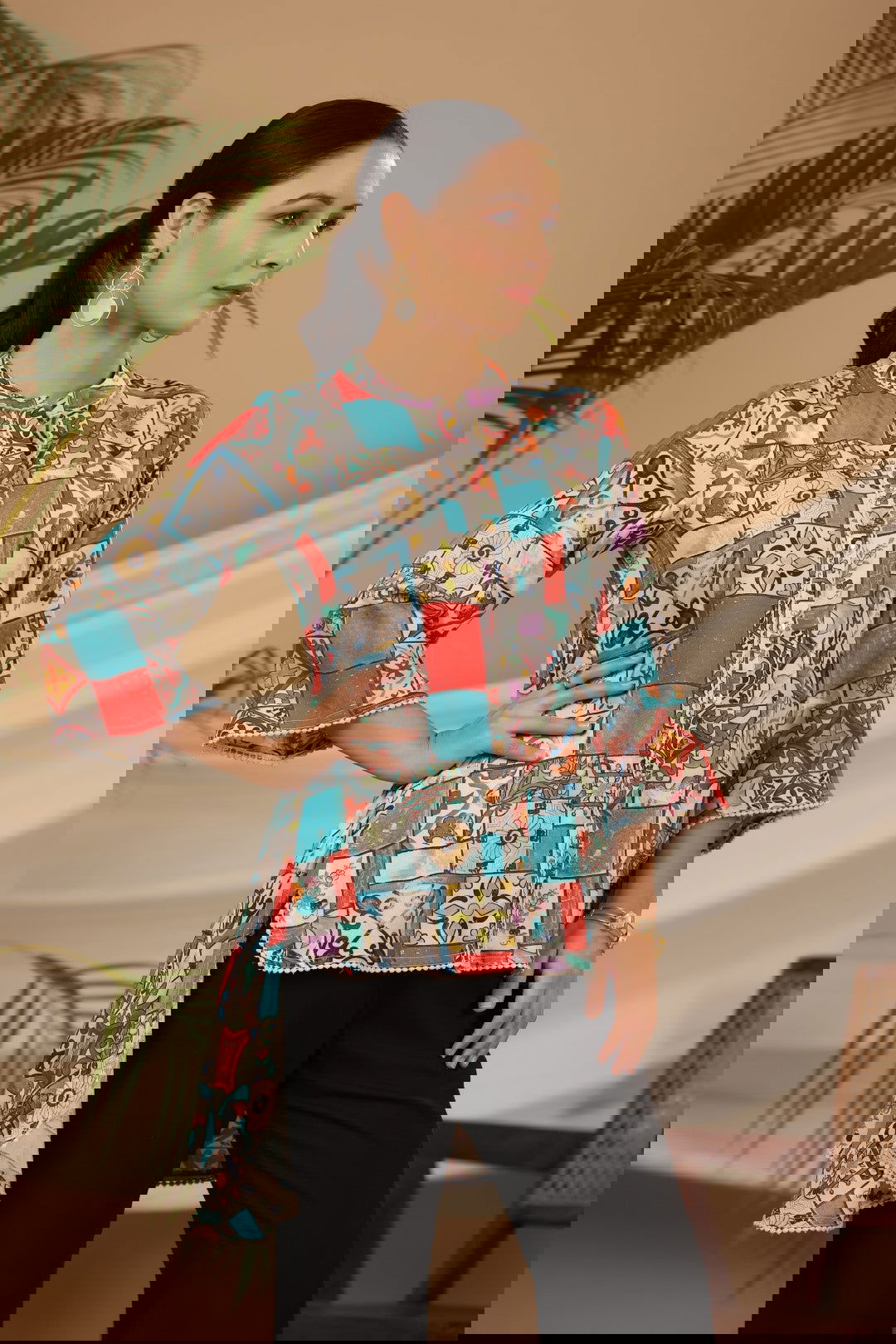 Juniper Blue Rayon Ethnic Motif Printed High-Lacy Mandarin Collar Women Tunic