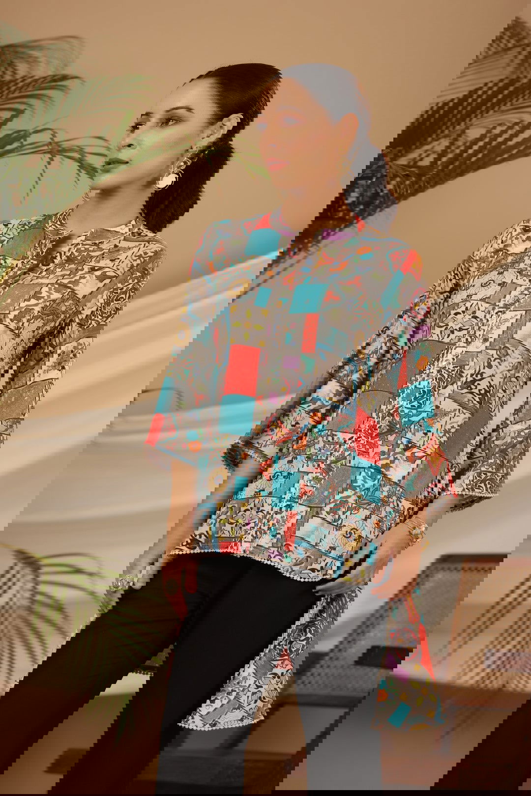 Juniper Blue Rayon Ethnic Motif Printed High-Lacy Mandarin Collar Women Tunic