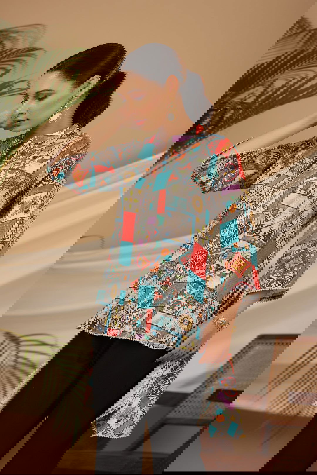 Juniper Blue Rayon Ethnic Motif Printed High-Lacy Mandarin Collar Women Tunic