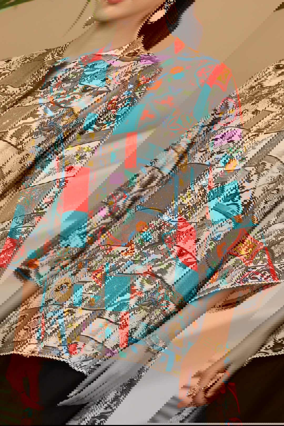 Juniper Blue Rayon Ethnic Motif Printed High-Lacy Mandarin Collar Women Tunic