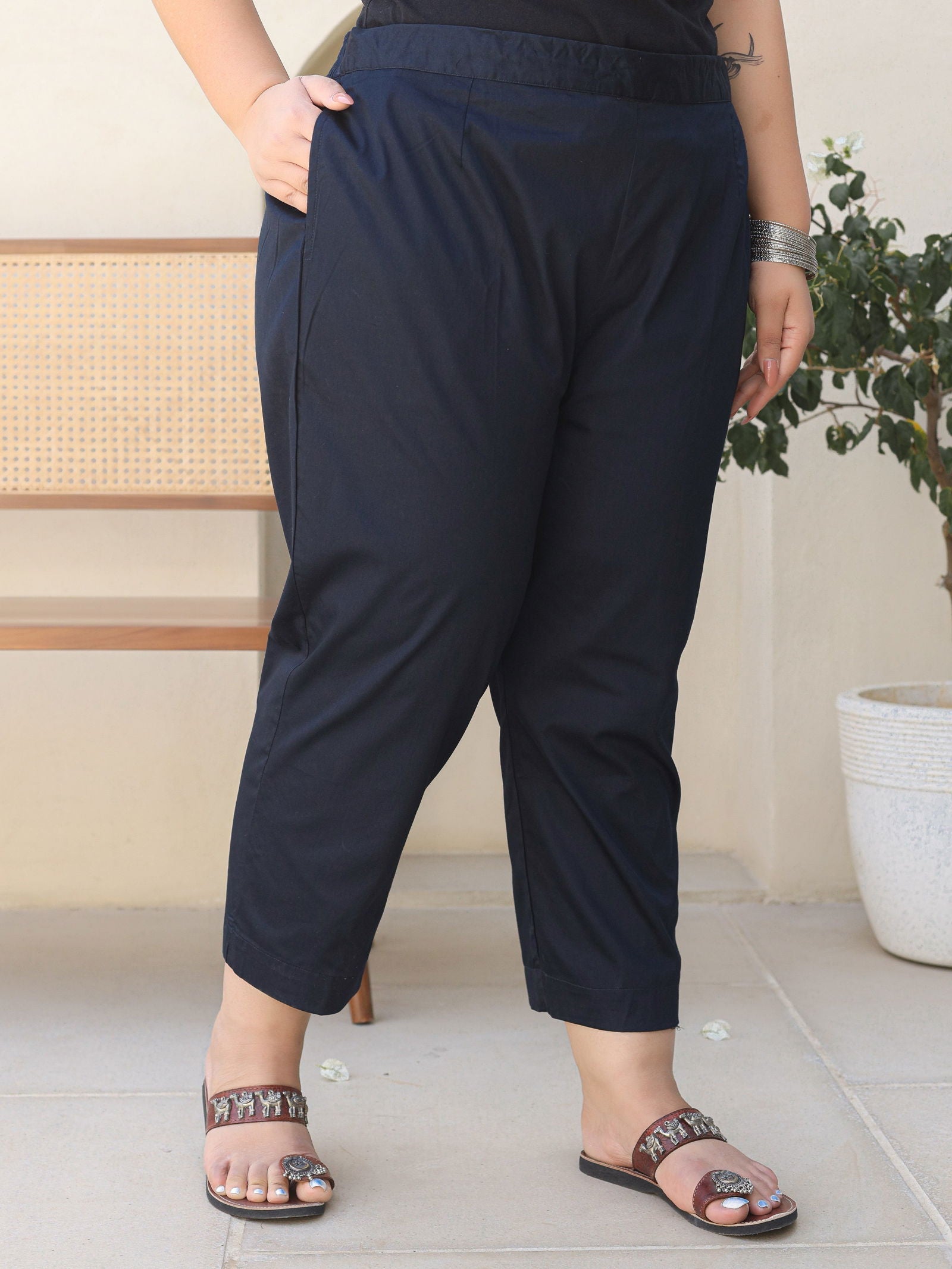 Juniper Blue Solid Lycra Women Drawstring Plus Size Pants With Single Side Pocket