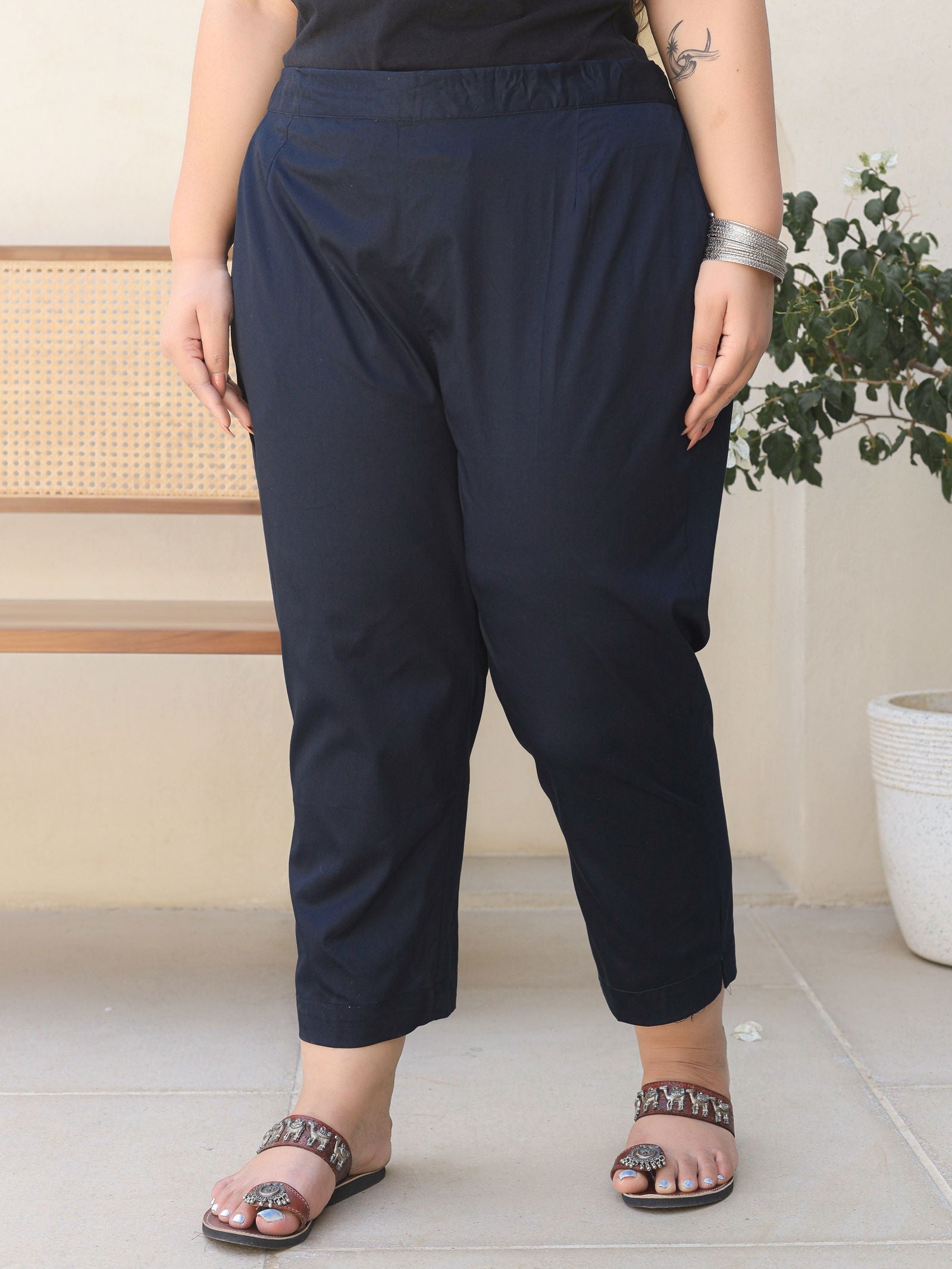 Juniper Blue Solid Lycra Women Drawstring Plus Size Pants With Single Side Pocket