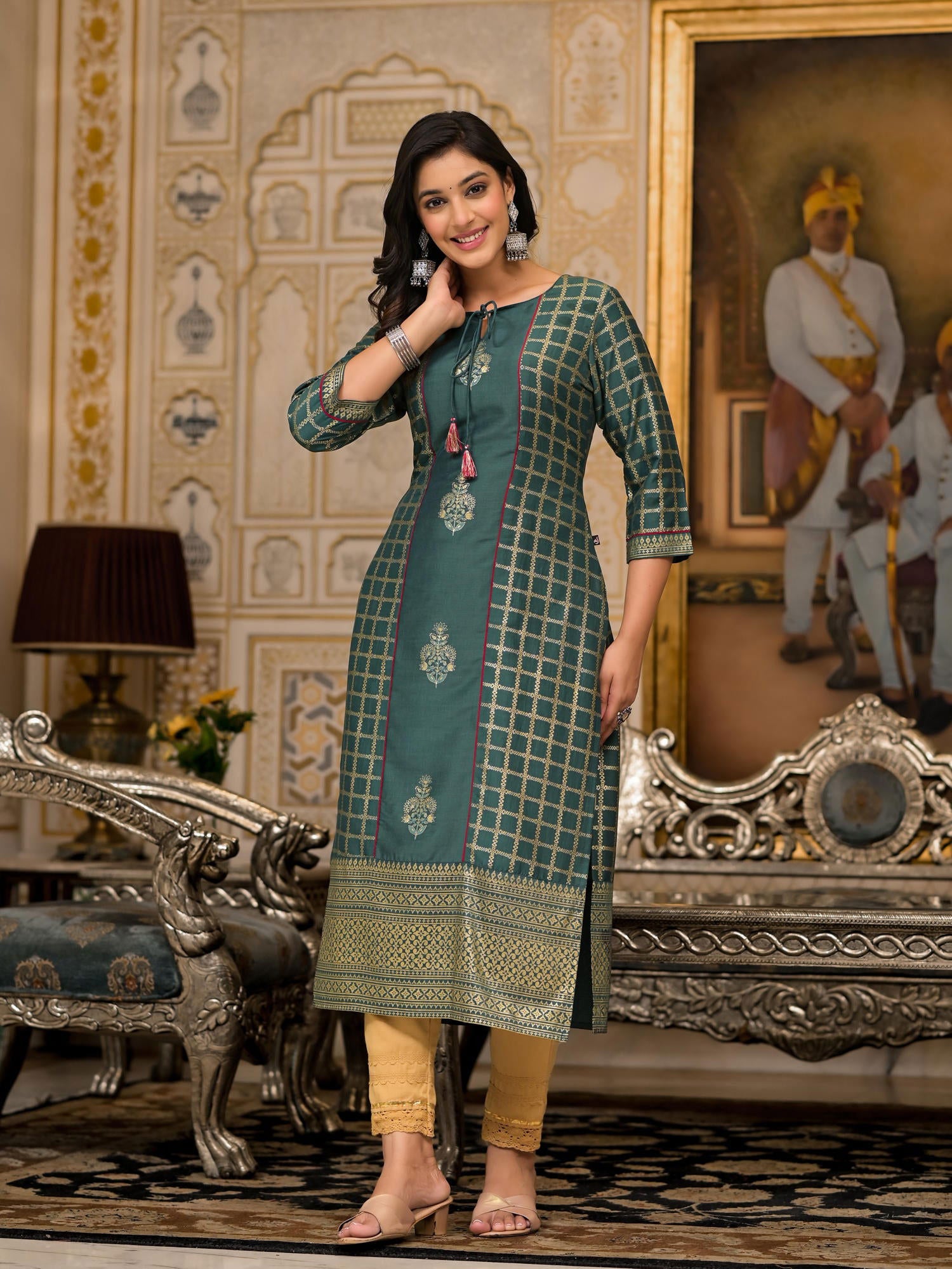 Juniper Bottle Green Ethnic Motif Printed Cotton Women Kurta With Dori Detail