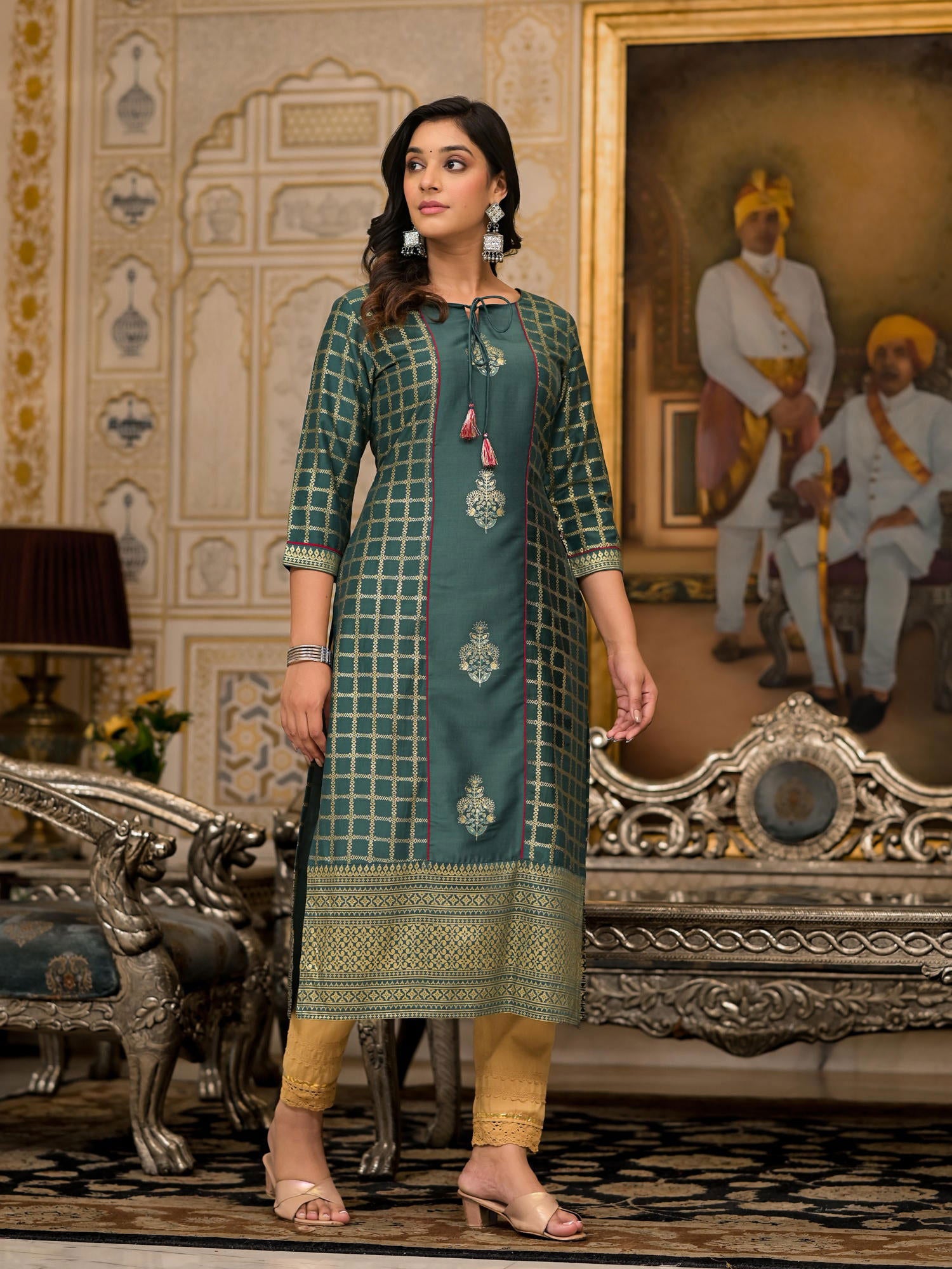 Juniper Bottle Green Ethnic Motif Printed Cotton Women Kurta With Dori Detail
