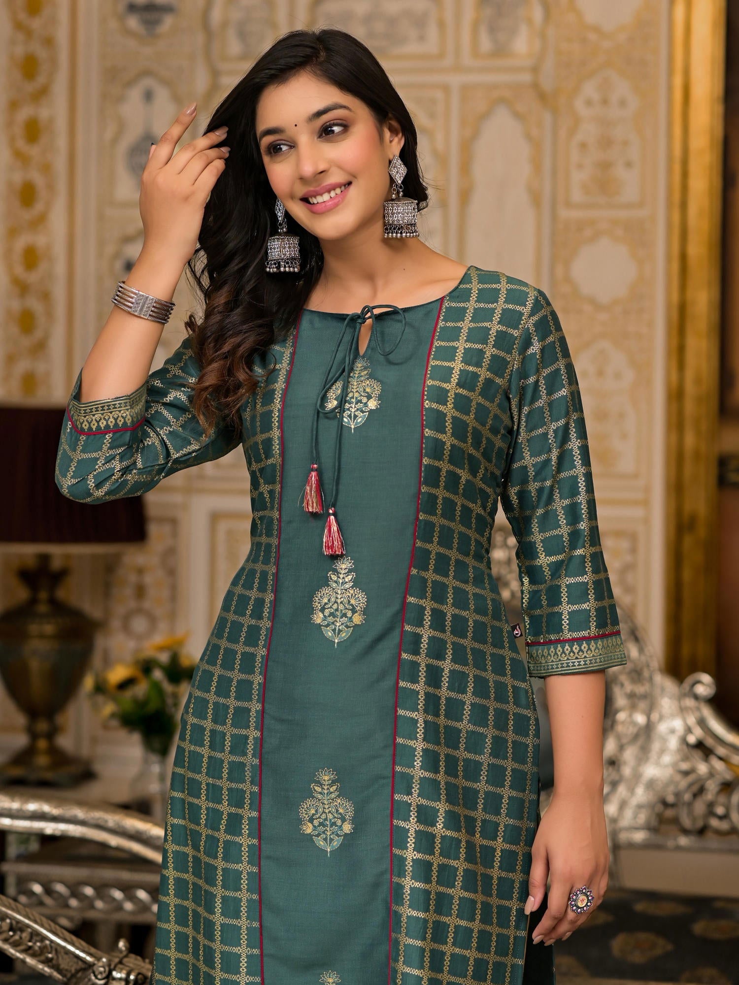 Juniper Bottle Green Ethnic Motif Printed Cotton Women Kurta With Dori Detail