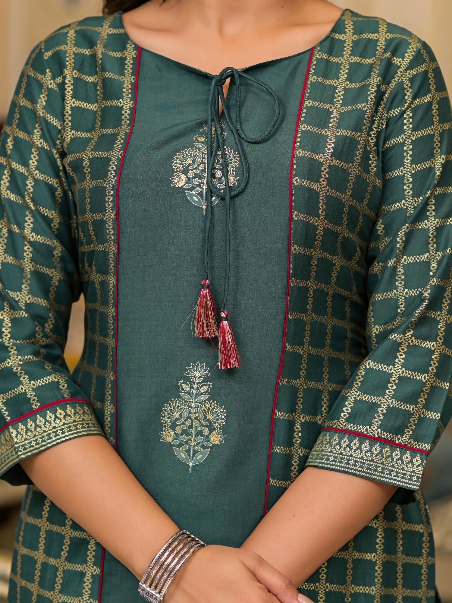 Juniper Bottle Green Ethnic Motif Printed Cotton Women Kurta With Dori Detail