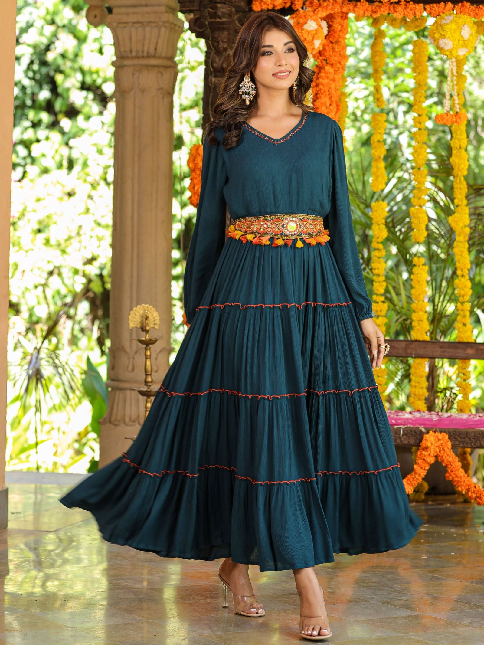 Juniper Bottle Green Ethnic Motif Printed Rayon Crepe Tiered Maxi Dress With Thread Work Embroidery
