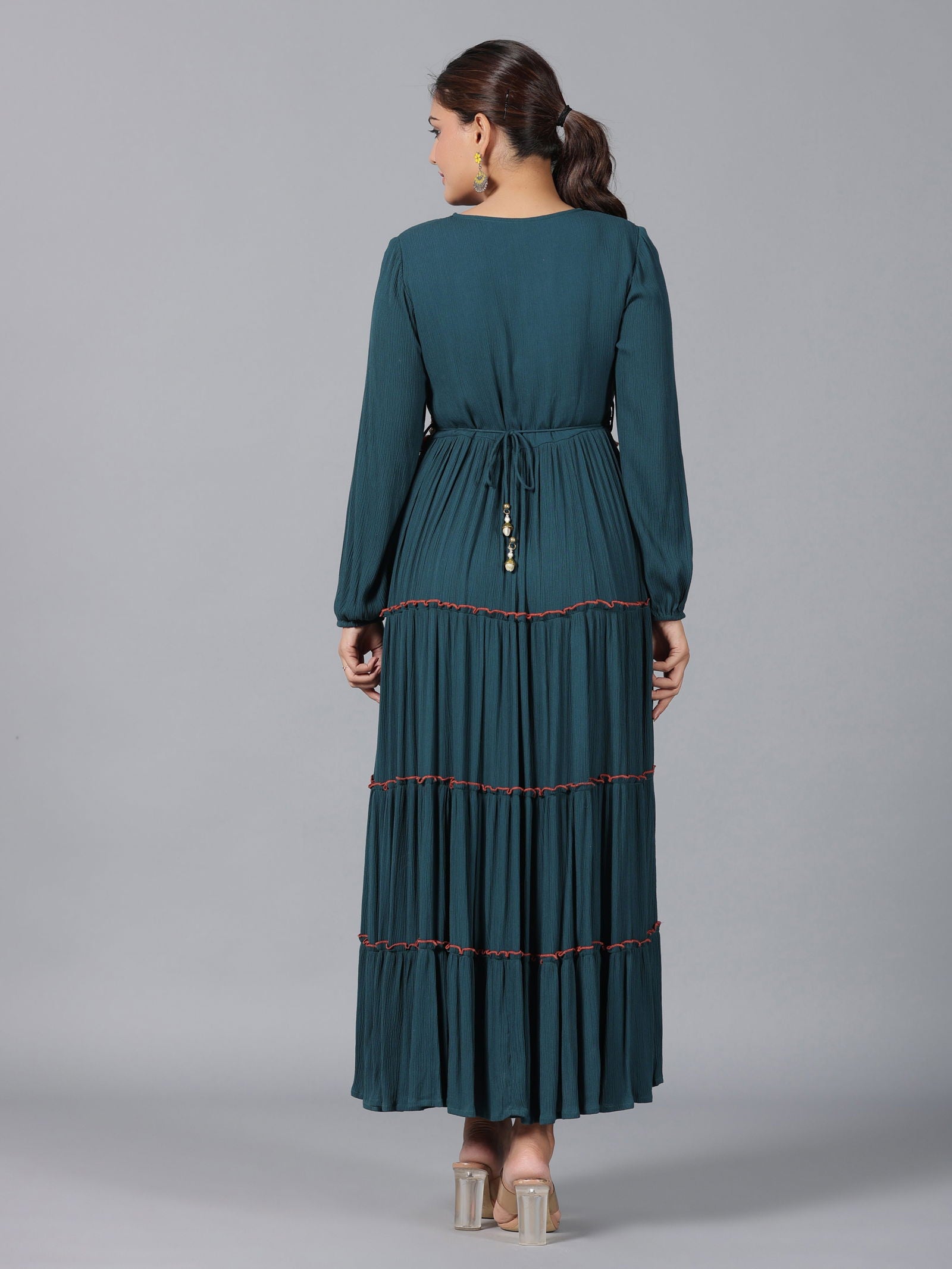 Juniper Bottle Green Ethnic Motif Printed Rayon Crepe Tiered Maxi Dress With Thread Work Embroidery