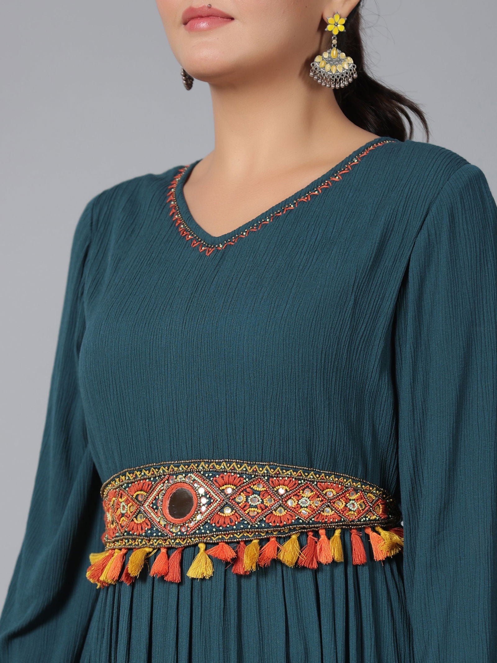 Juniper Bottle Green Ethnic Motif Printed Rayon Crepe Tiered Maxi Dress With Thread Work Embroidery