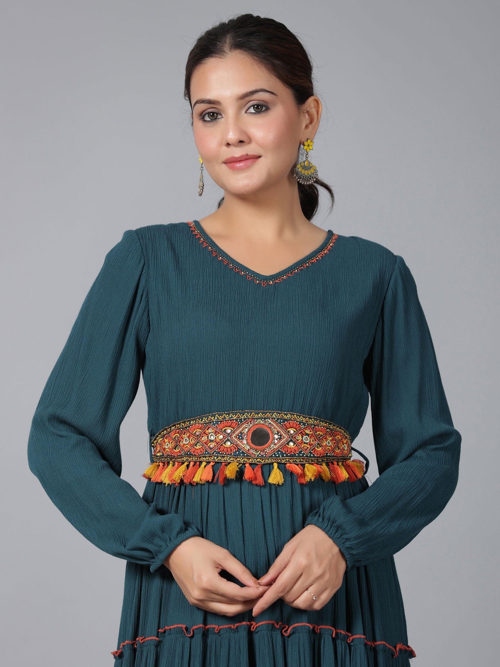 Juniper Bottle Green Ethnic Motif Printed Rayon Crepe Tiered Maxi Dress With Thread Work Embroidery
