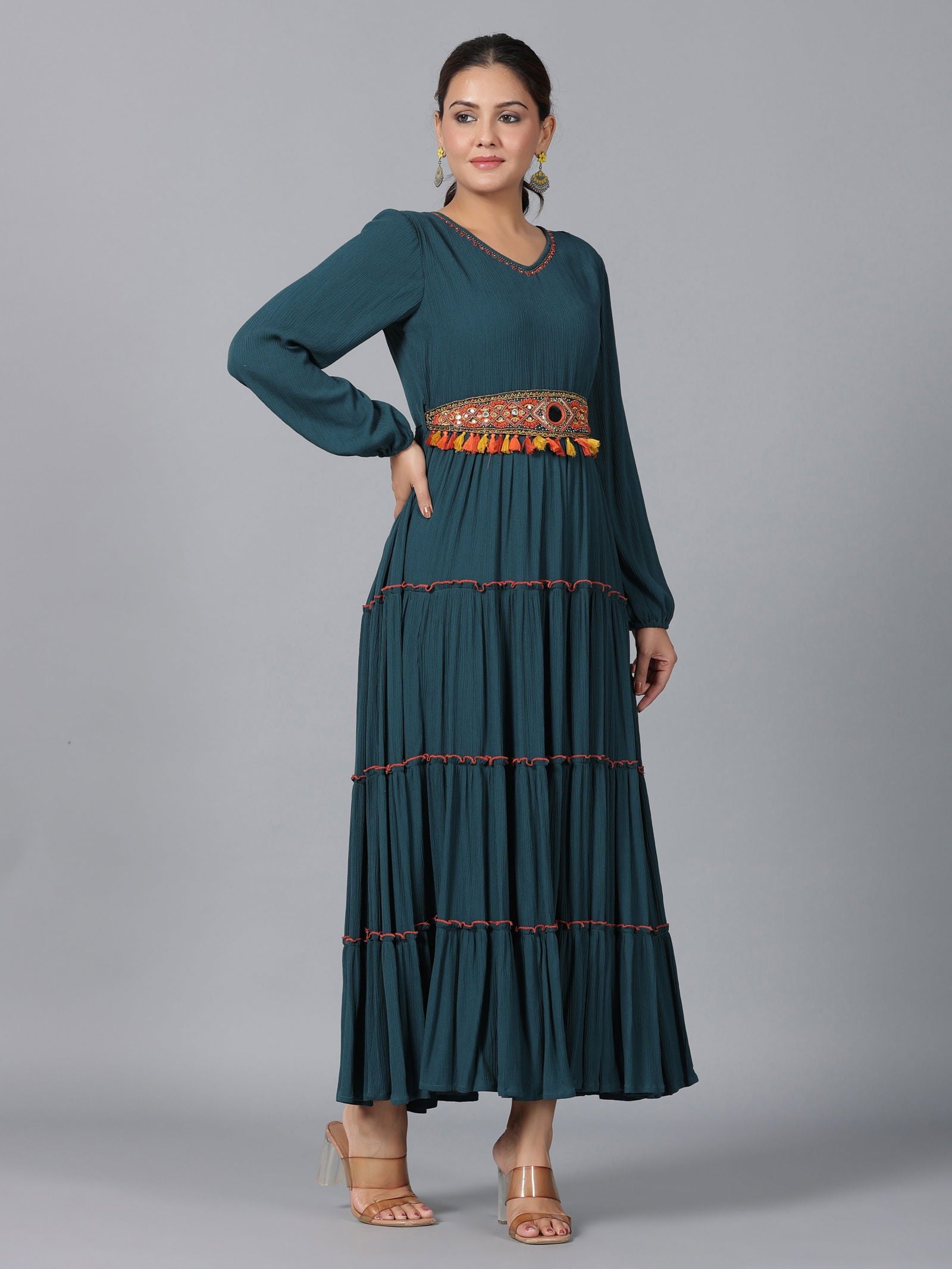 Juniper Bottle Green Ethnic Motif Printed Rayon Crepe Tiered Maxi Dress With Thread Work Embroidery