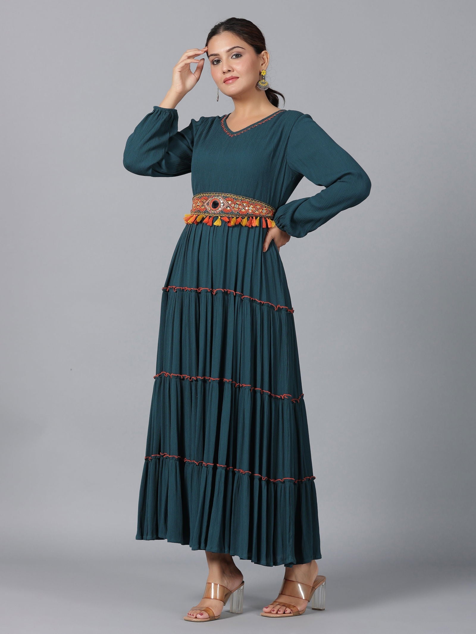 Juniper Bottle Green Ethnic Motif Printed Rayon Crepe Tiered Maxi Dress With Thread Work Embroidery