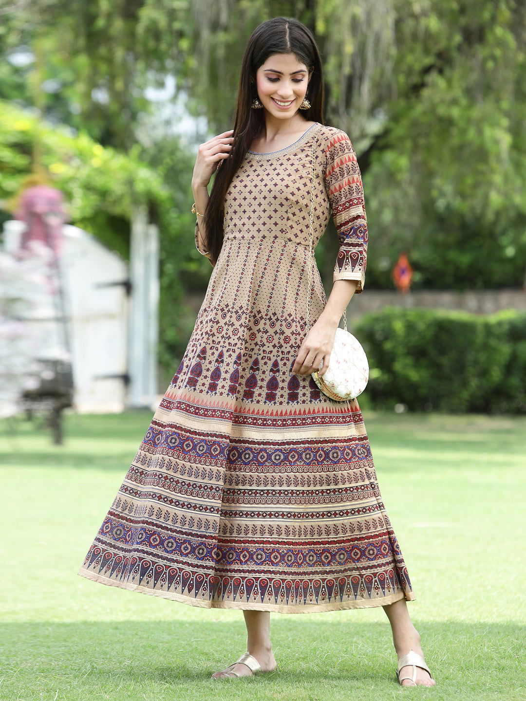 Juniper Brown Ethnic Motif Printed & Embroidered Georgette Maxi Dress