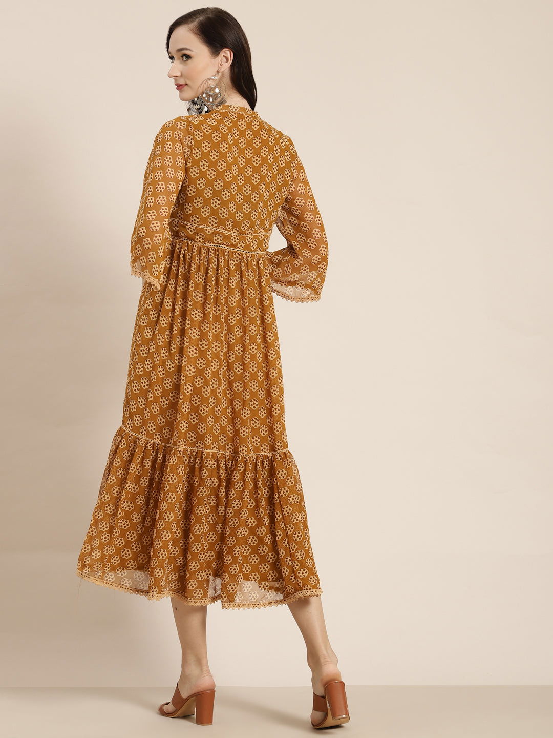Juniper Brown Ethnic Motif Printed Georgette Maxi dress with Lace Work