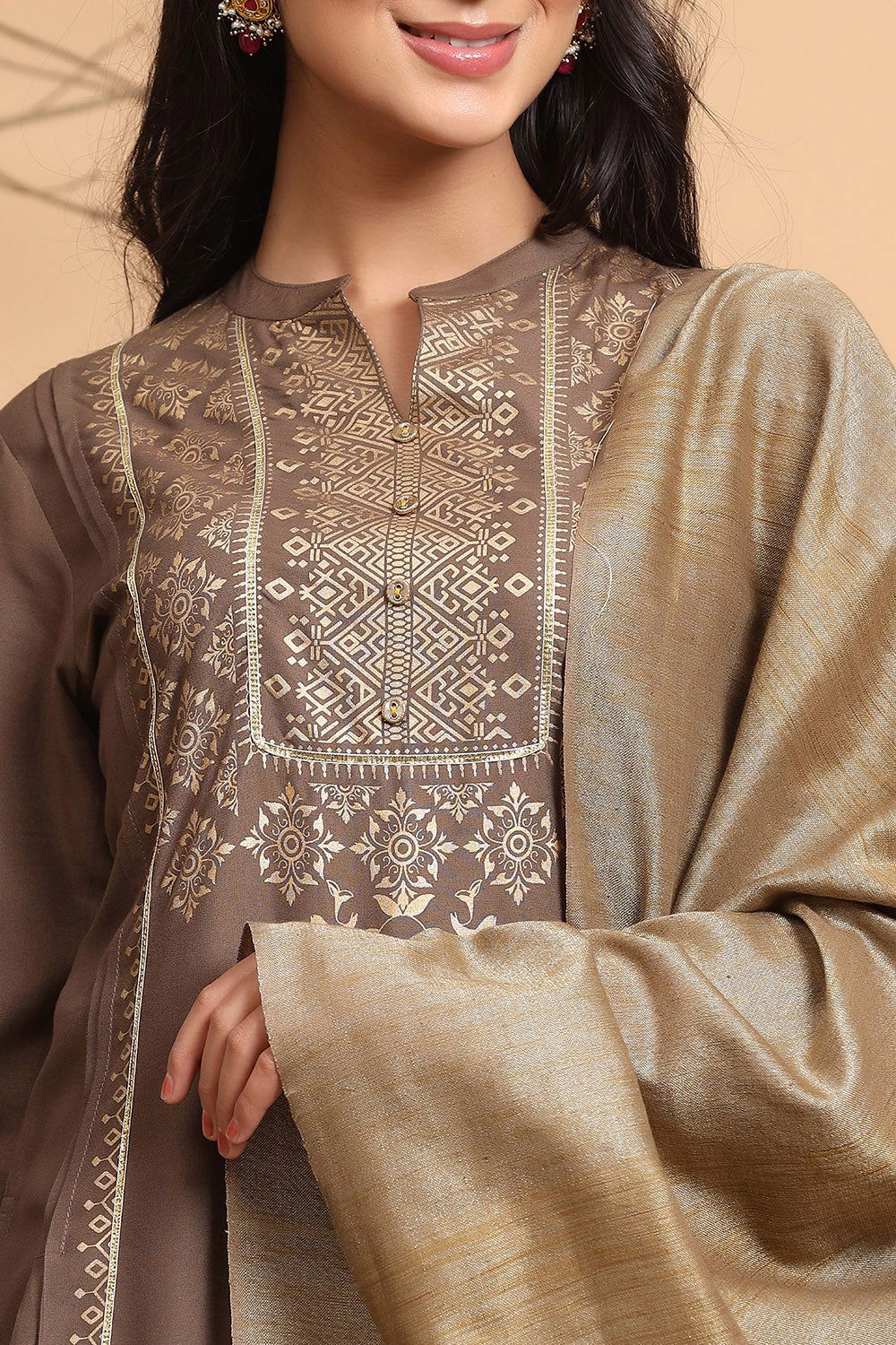 Juniper Brown Ethnic Motif Printed Rayon Kurta With Dupatta Set
