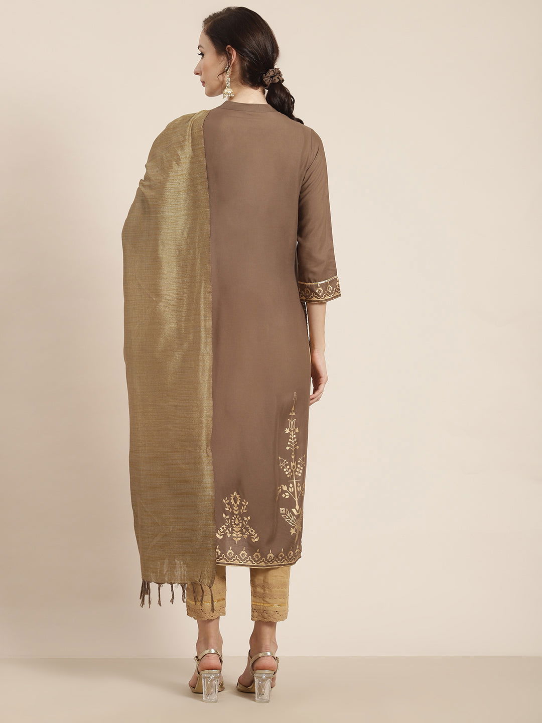 Juniper Brown Ethnic Motif Printed Rayon Kurta With Dupatta Set