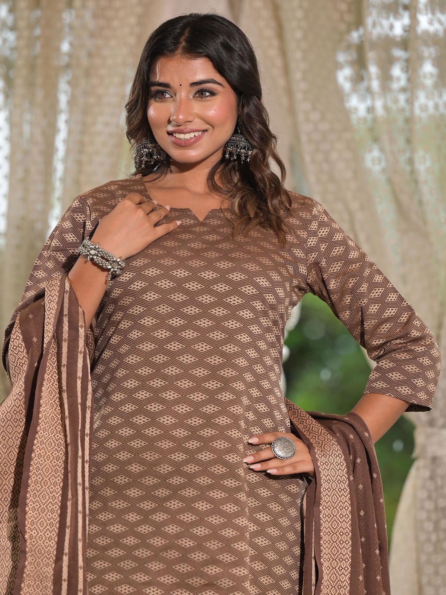 Juniper Brown Geometric Printed Cotton Kurta Pant Set With Tassels On Dupatta