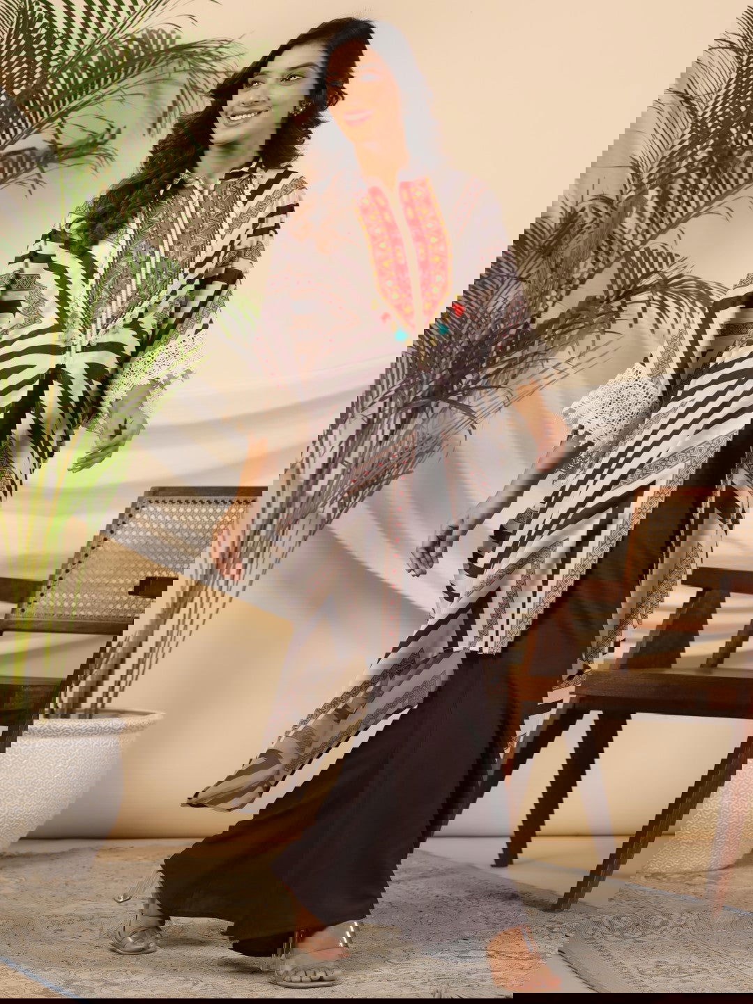 Juniper Brown Stripe Print Cotton Lacy Kaftan & Pants Co-Ord Set & Inner With Contrast Kantha And Bead Work