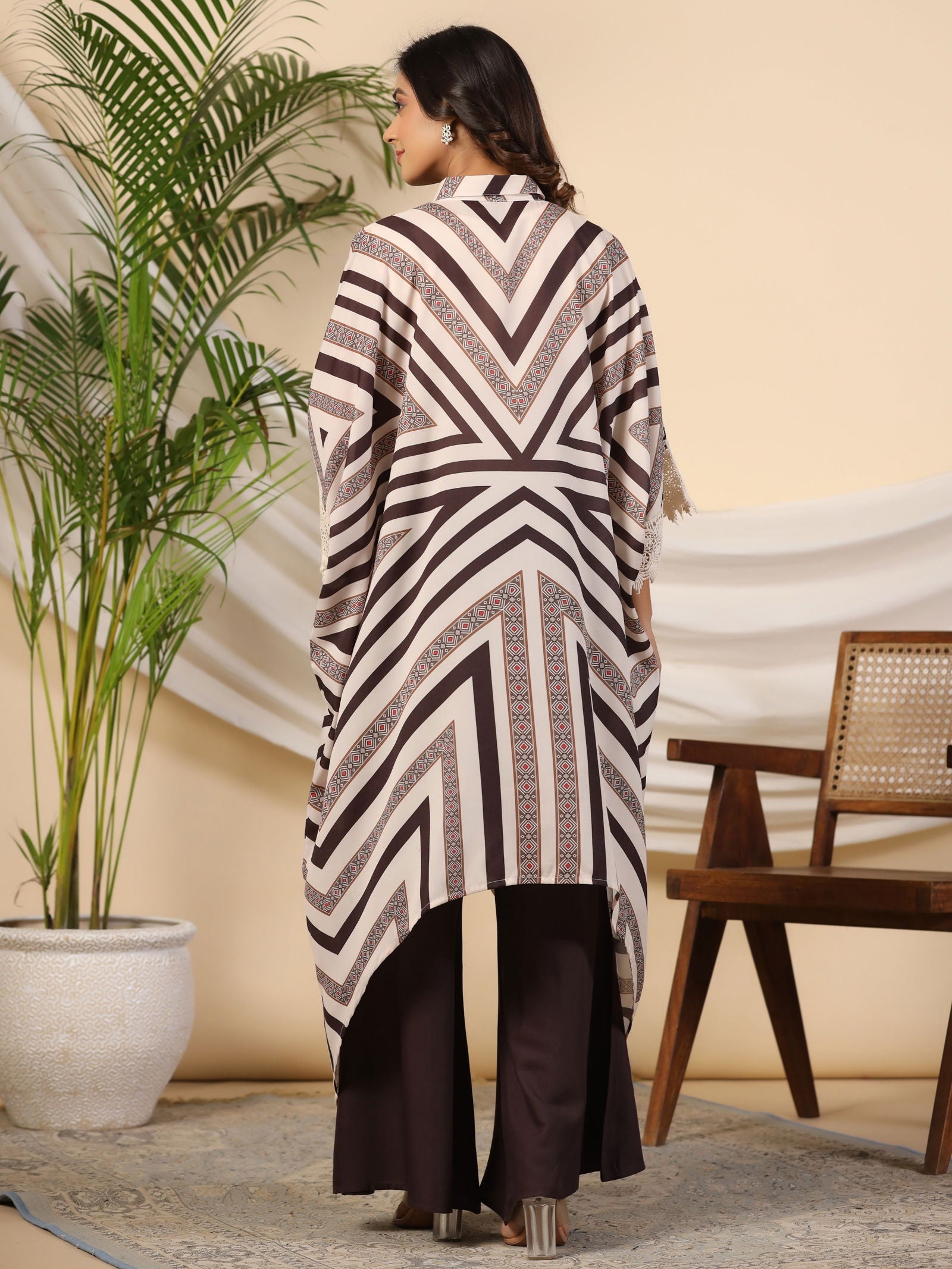 Juniper Brown Stripe Print Cotton Lacy Kaftan & Pants Co-Ord Set & Inner With Contrast Kantha And Bead Work