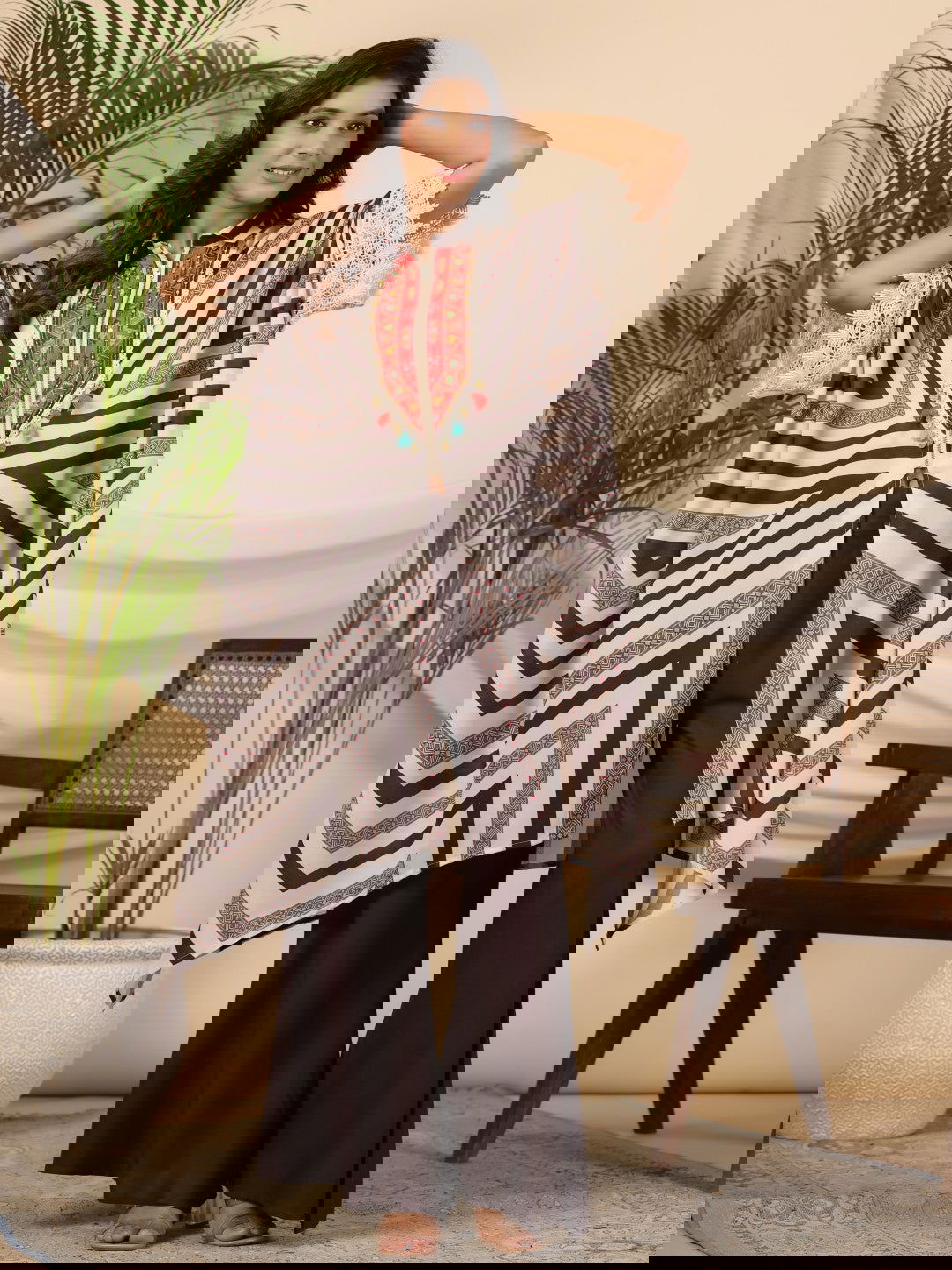 Juniper Brown Stripe Print Cotton Lacy Kaftan & Pants Co-Ord Set & Inner With Contrast Kantha And Bead Work