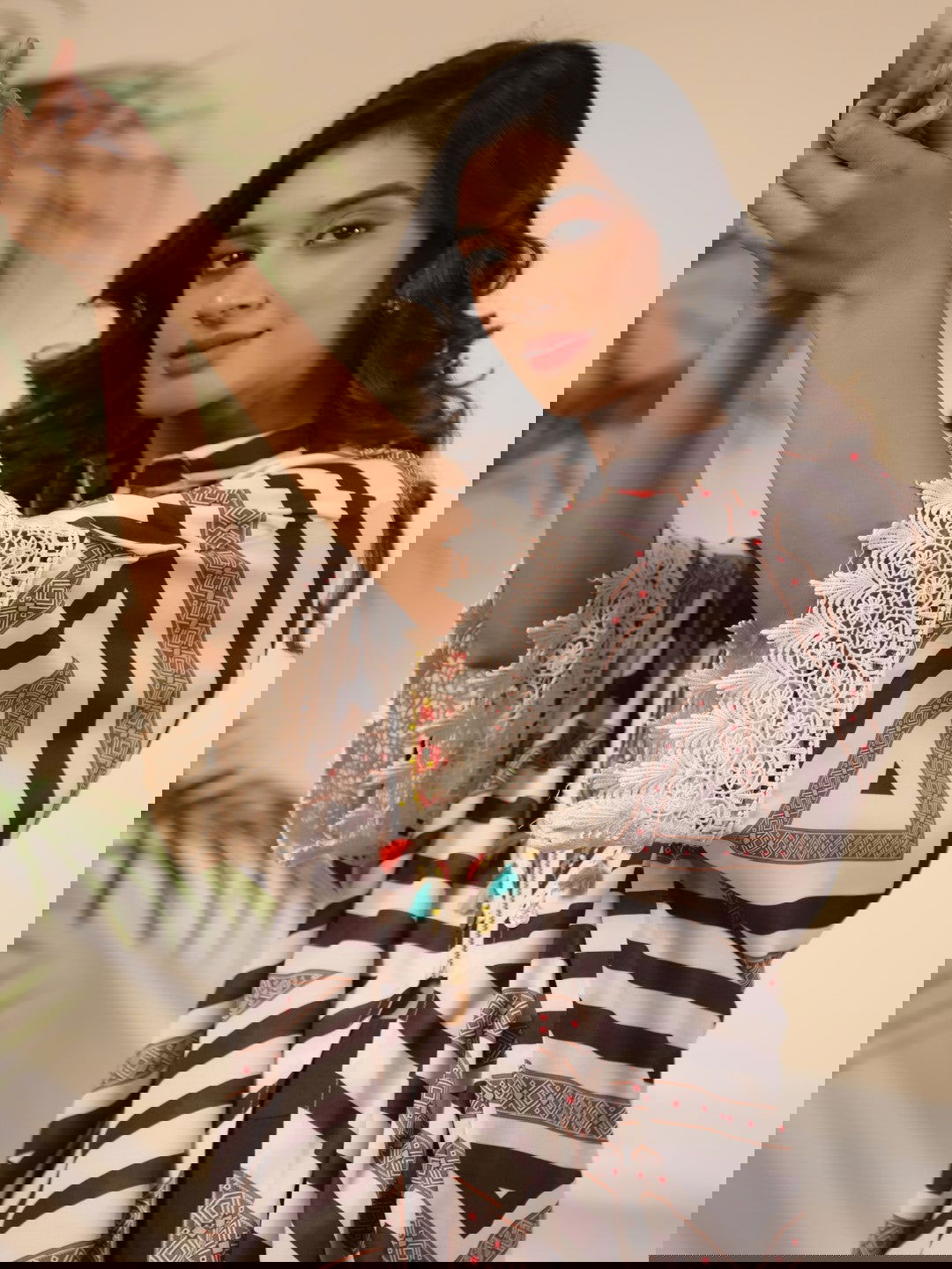 Juniper Brown Stripe Print Cotton Lacy Kaftan & Pants Co-Ord Set & Inner With Contrast Kantha And Bead Work