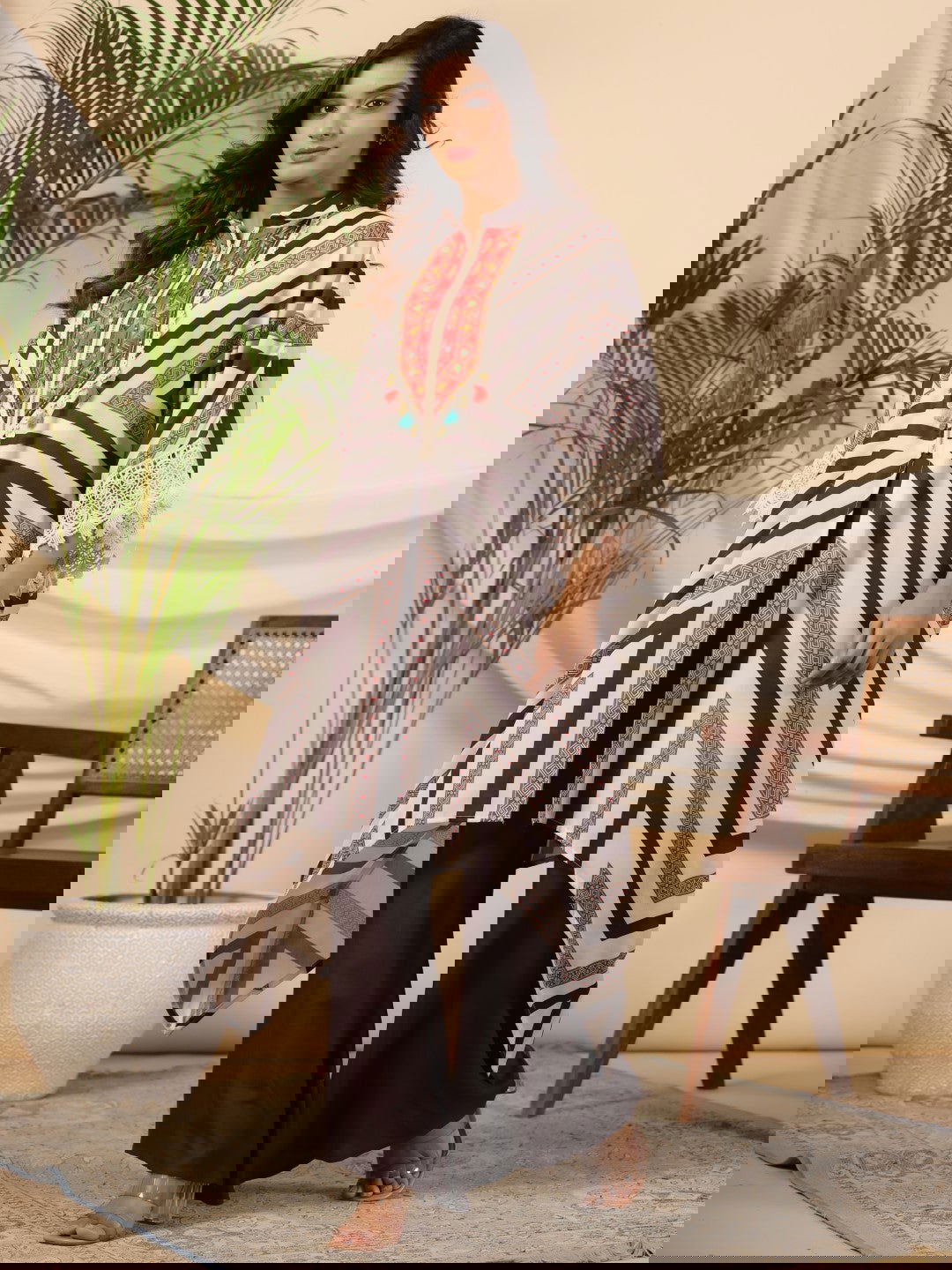 Juniper Brown Stripe Print Cotton Lacy Kaftan & Pants Co-Ord Set & Inner With Contrast Kantha And Bead Work