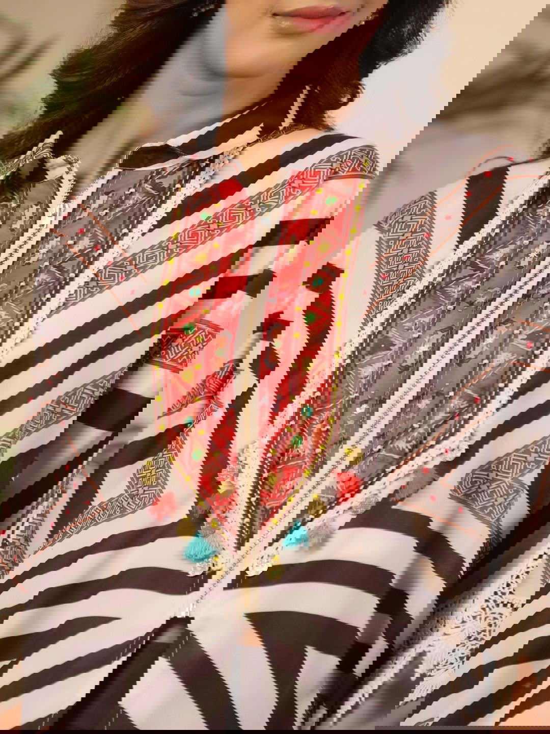 Juniper Brown Stripe Print Cotton Lacy Kaftan & Pants Co-Ord Set & Inner With Contrast Kantha And Bead Work