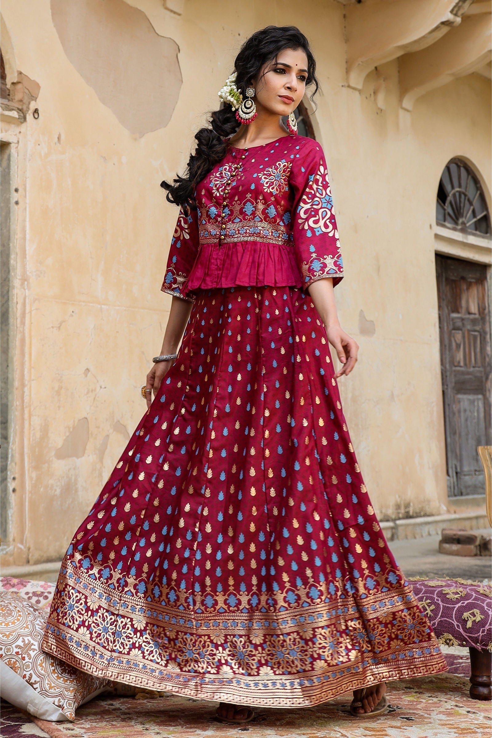 Juniper Burgundy Ethnic Motif Printed Shantoon Lehenga & Choli Set