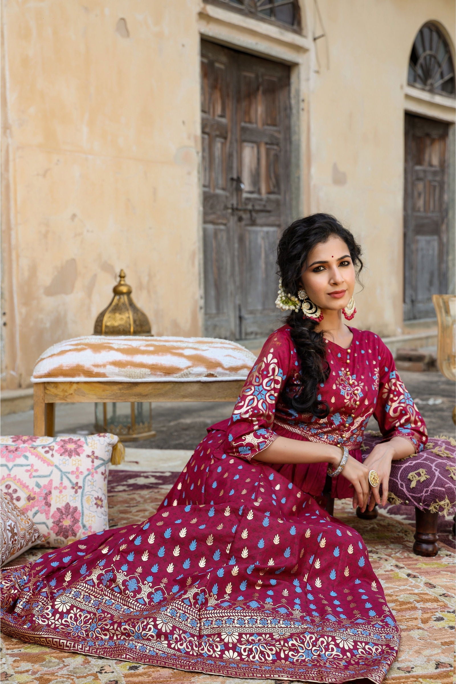 Juniper Burgundy Ethnic Motif Printed Shantoon Lehenga & Choli Set