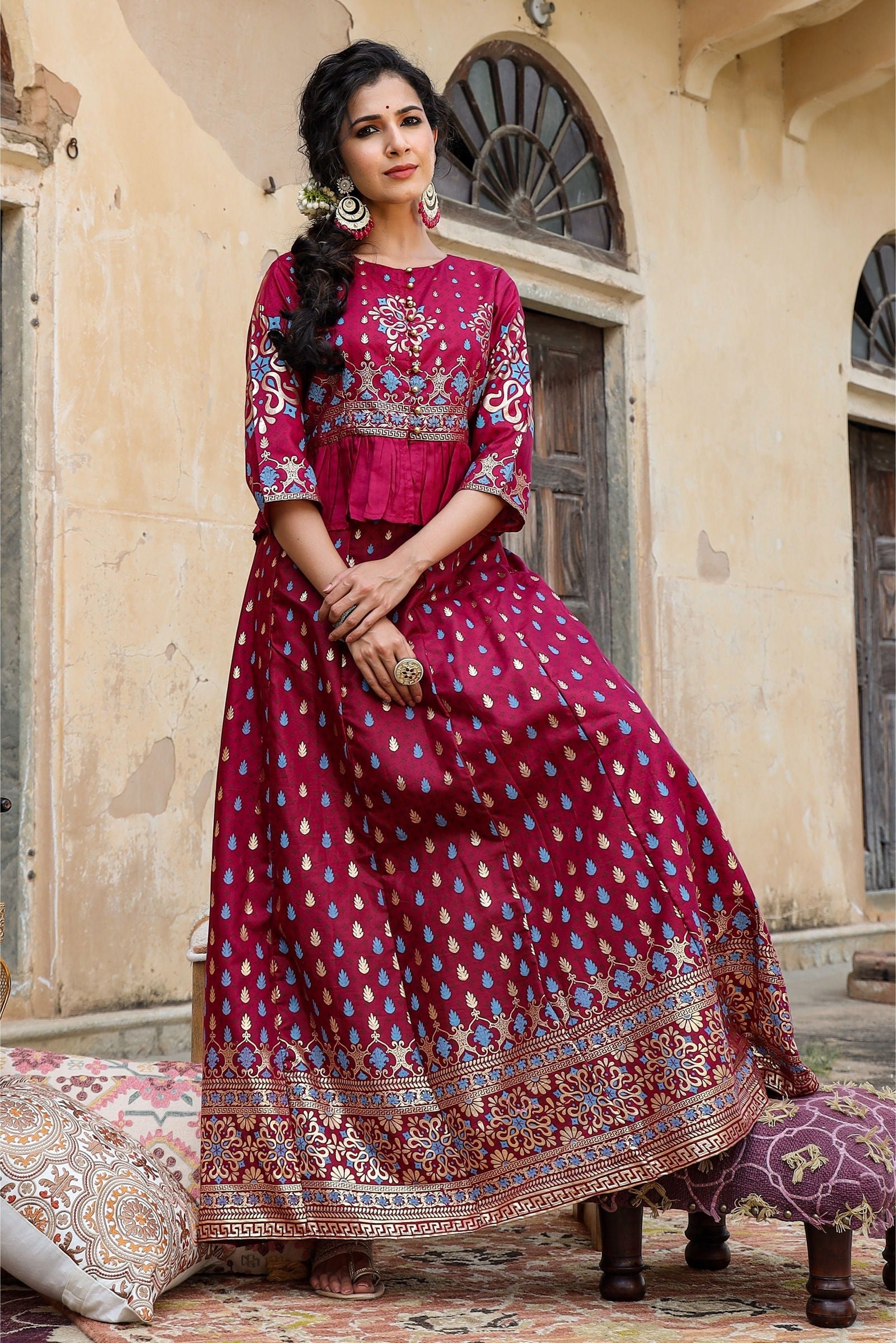 Juniper Burgundy Ethnic Motif Printed Shantoon Lehenga & Choli Set