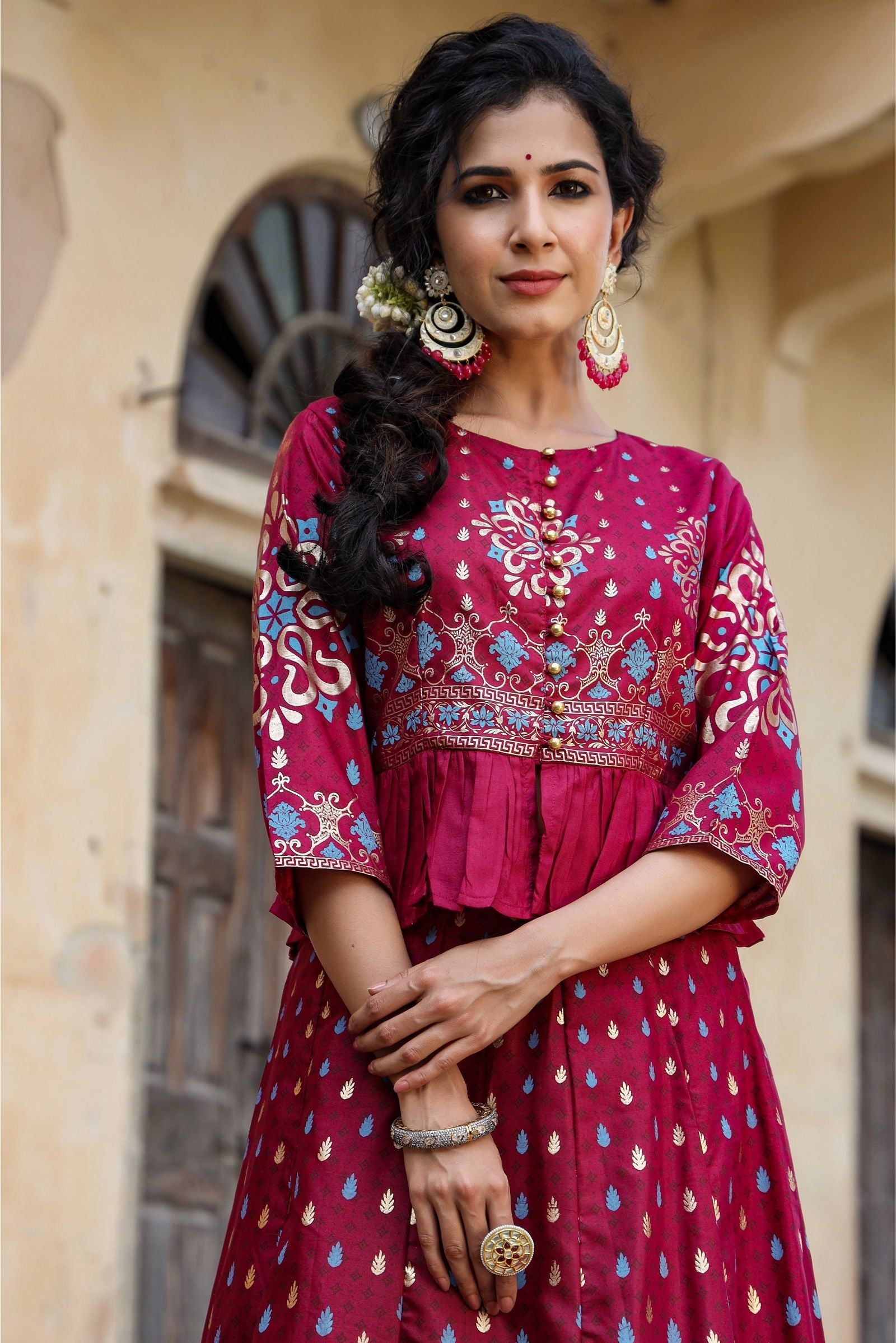 Juniper Burgundy Ethnic Motif Printed Shantoon Lehenga & Choli Set