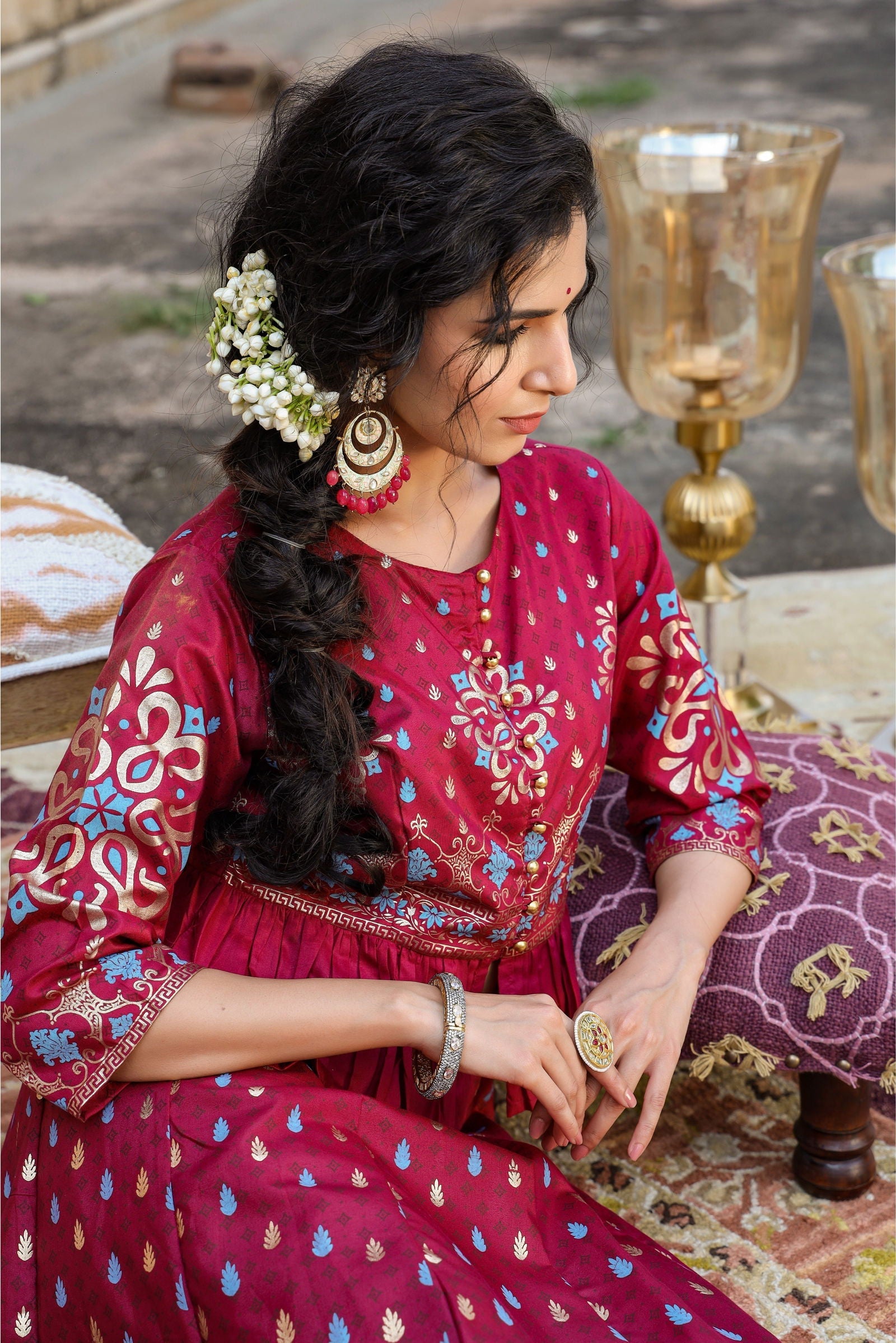 Juniper Burgundy Ethnic Motif Printed Shantoon Lehenga & Choli Set
