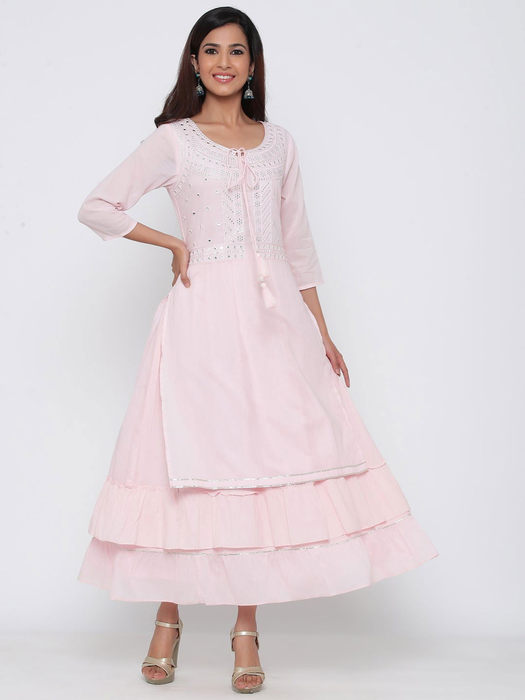 Juniper Copy of Babypink Cotton Embellished Flared Dress