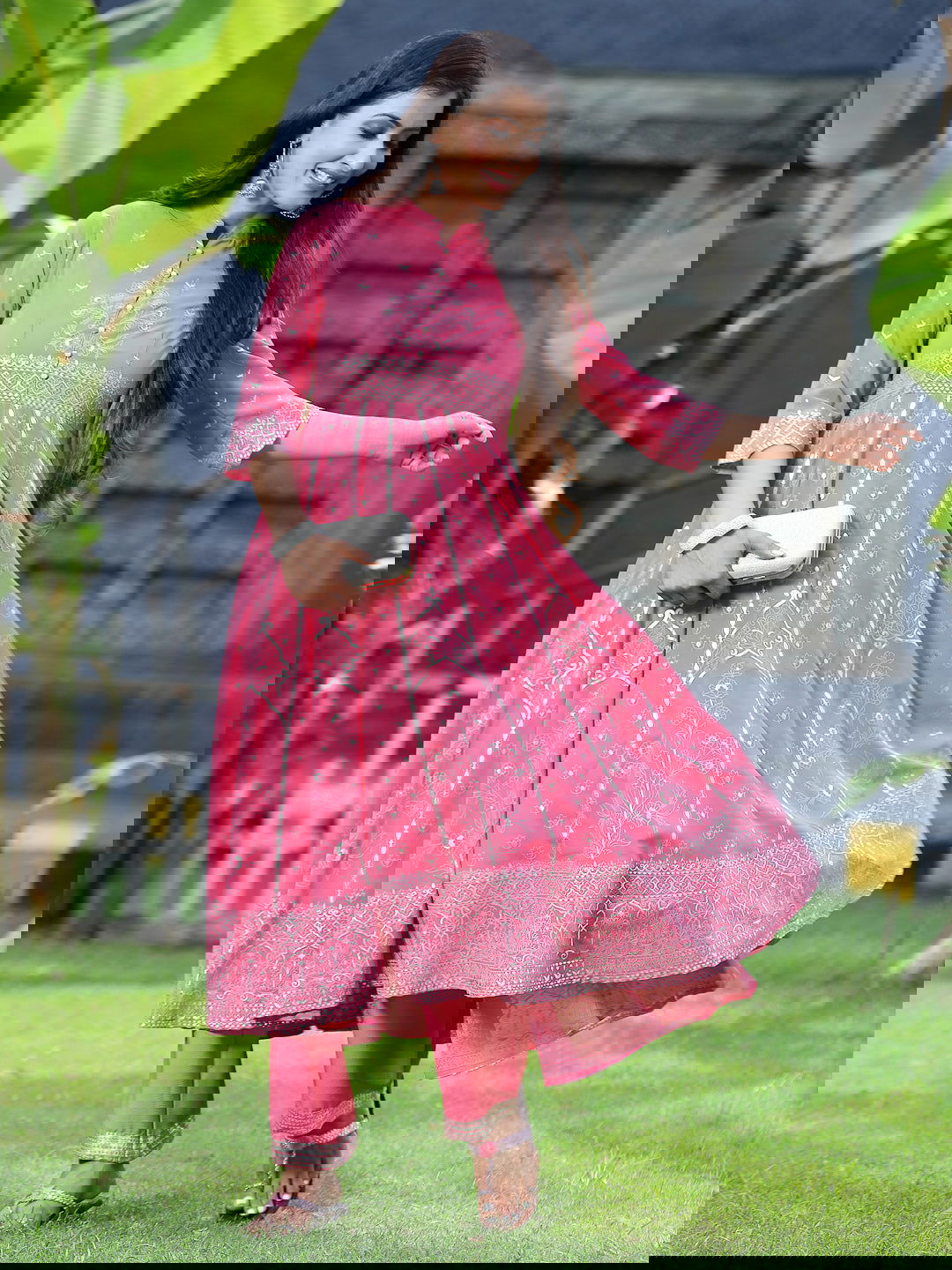 Juniper Coral Ethnic Motif Printed Georgette Anarkali Kurta & Palazzo Set With Buttons